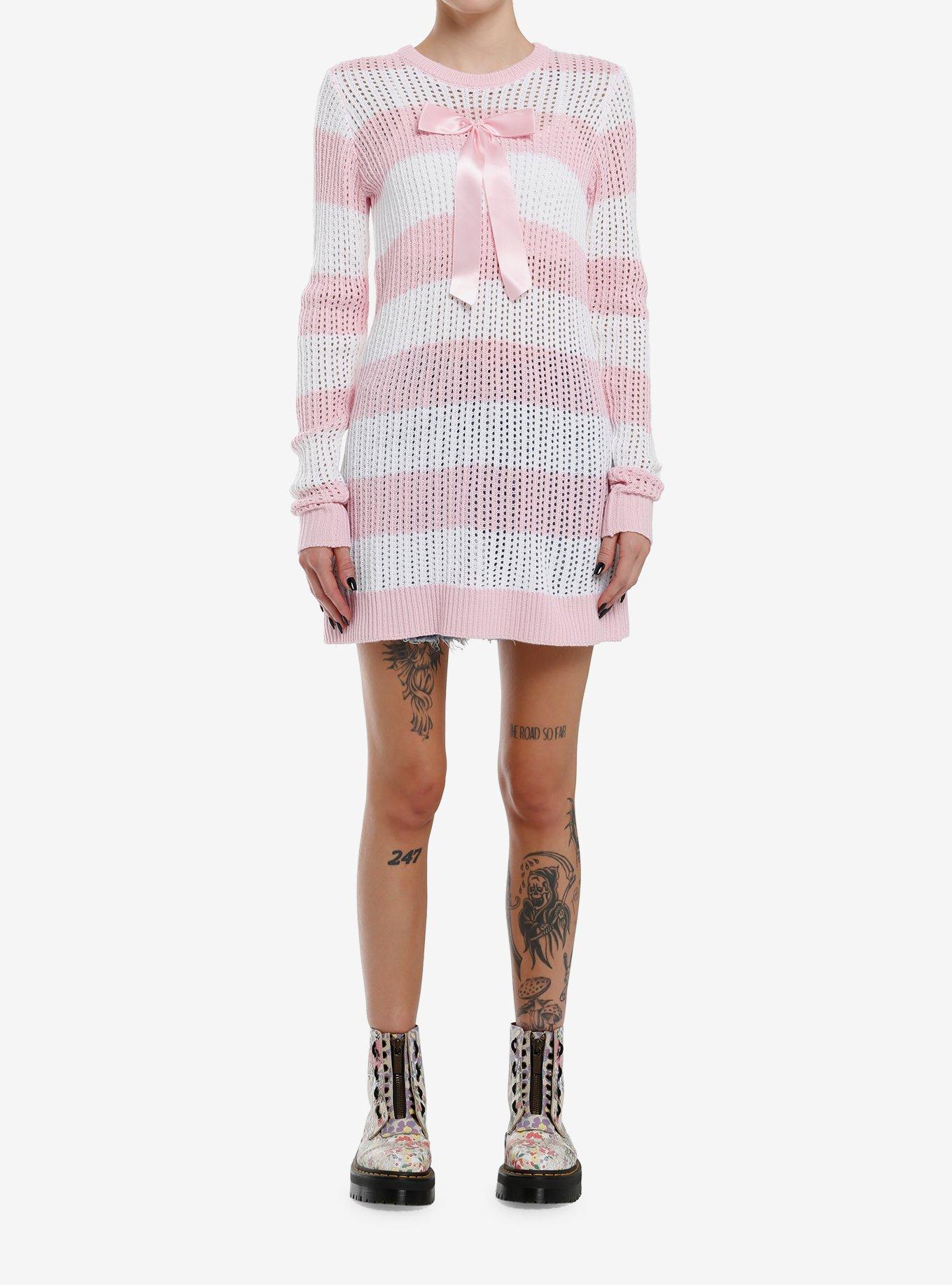 Sweet Society Pink & White Stripe Bow Knit Sweater Dress, , alternate