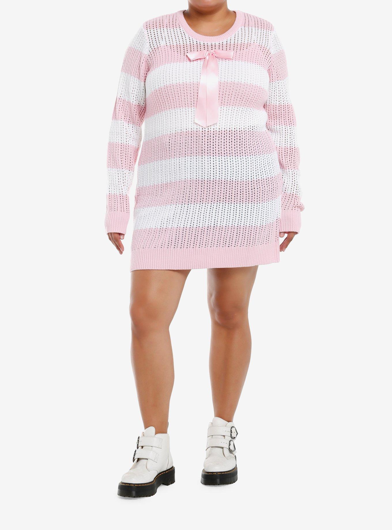 Sweet Society Pink & White Stripe Bow Knit Sweater Dress Plus Size, , hi-res