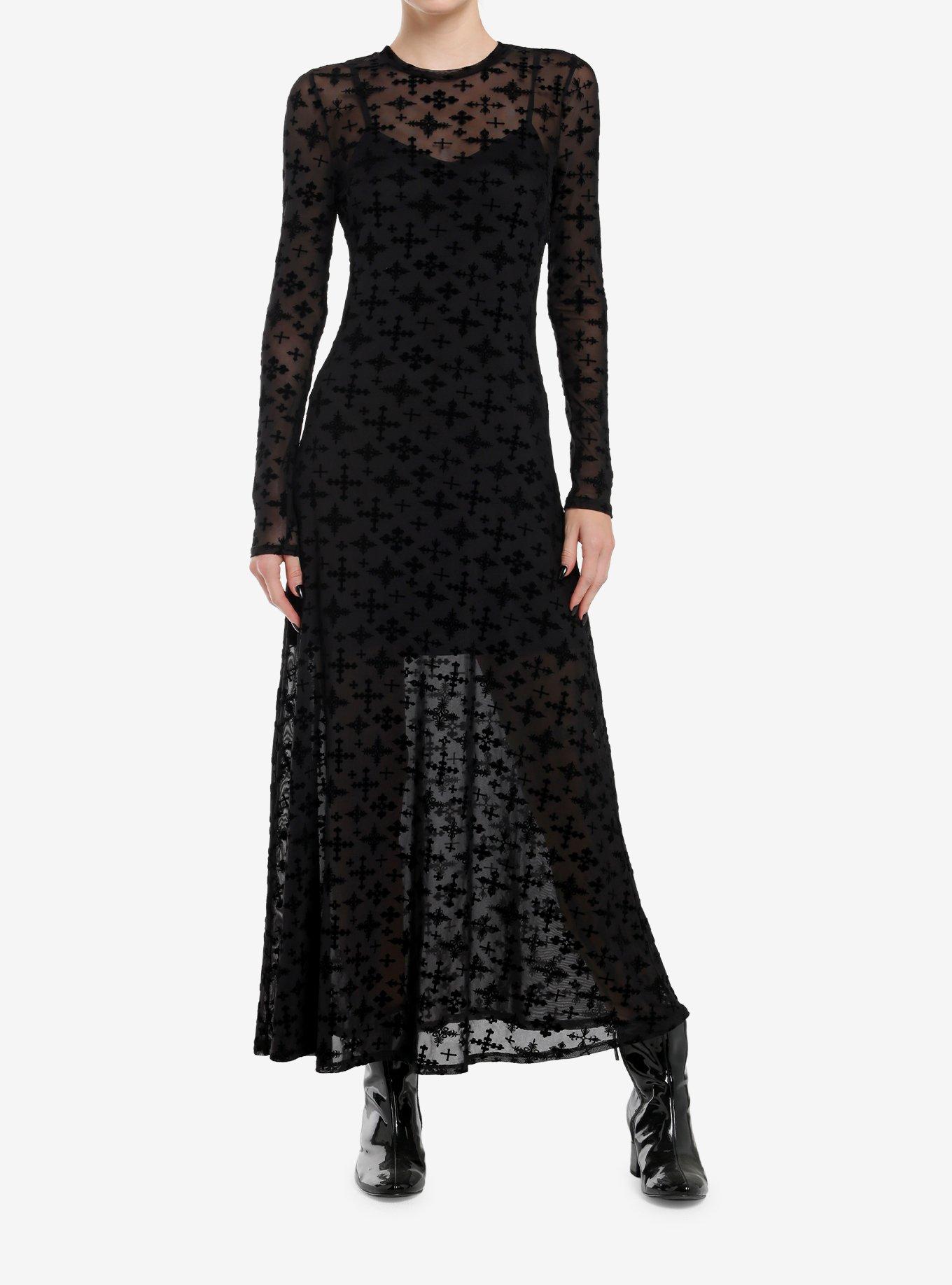 Cosmic Aura Flocked Cross Mesh Long-Sleeve Maxi Dress, BLACK, alternate