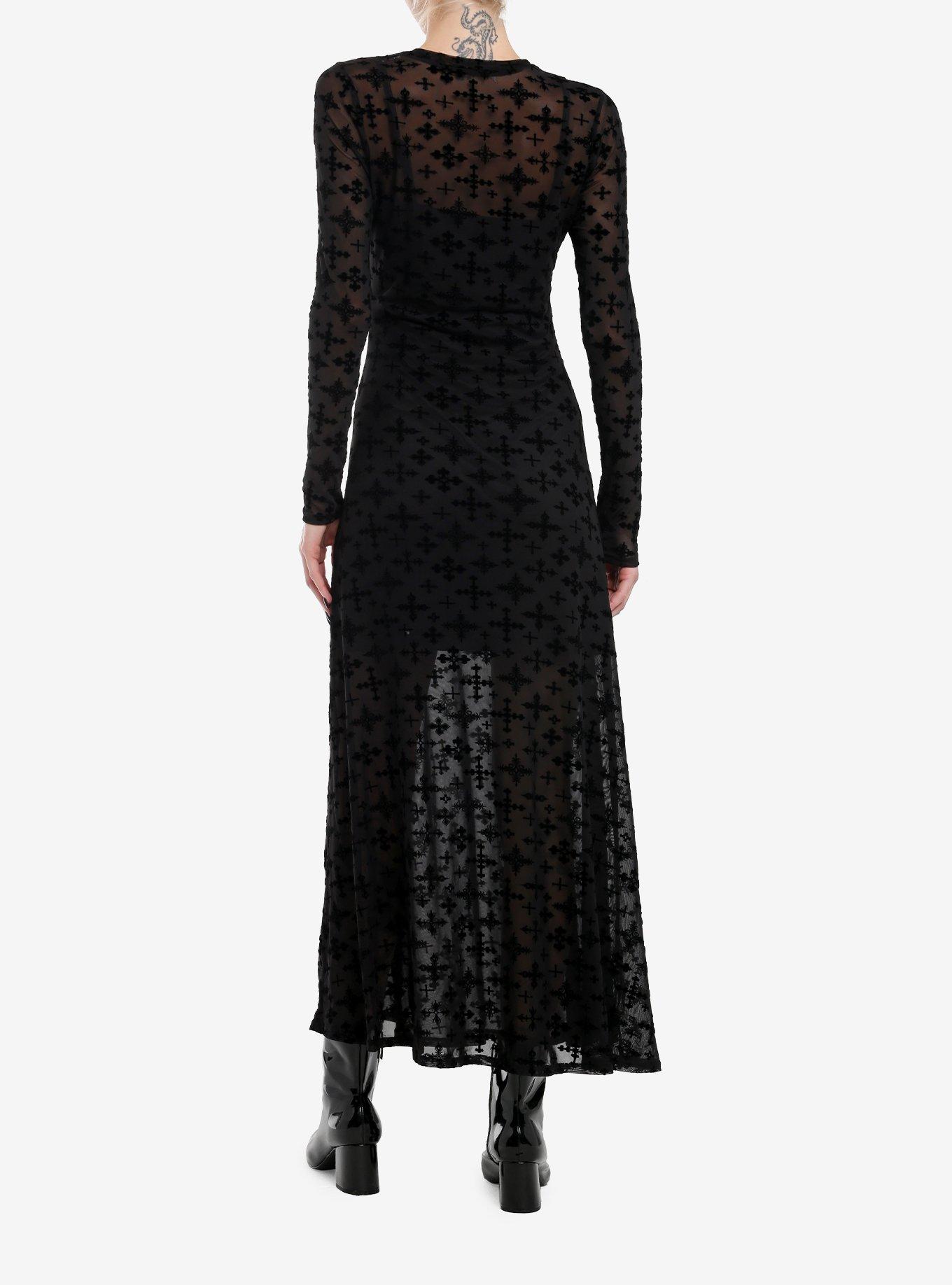 Cosmic Aura Flocked Cross Mesh Long-Sleeve Maxi Dress, BLACK, alternate