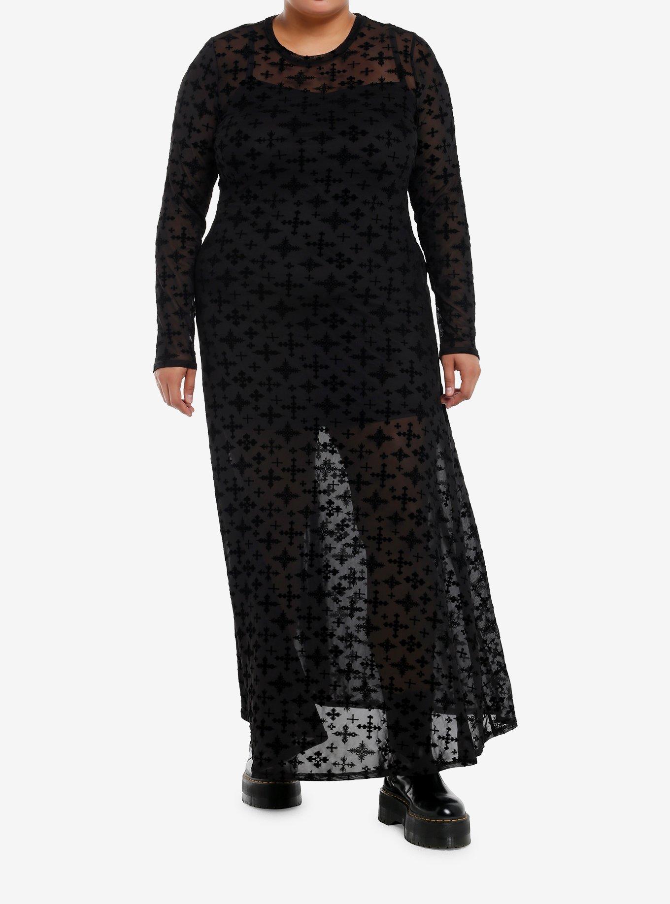 Cosmic Aura Flocked Cross Mesh Long-Sleeve Maxi Dress Plus Size, , hi-res