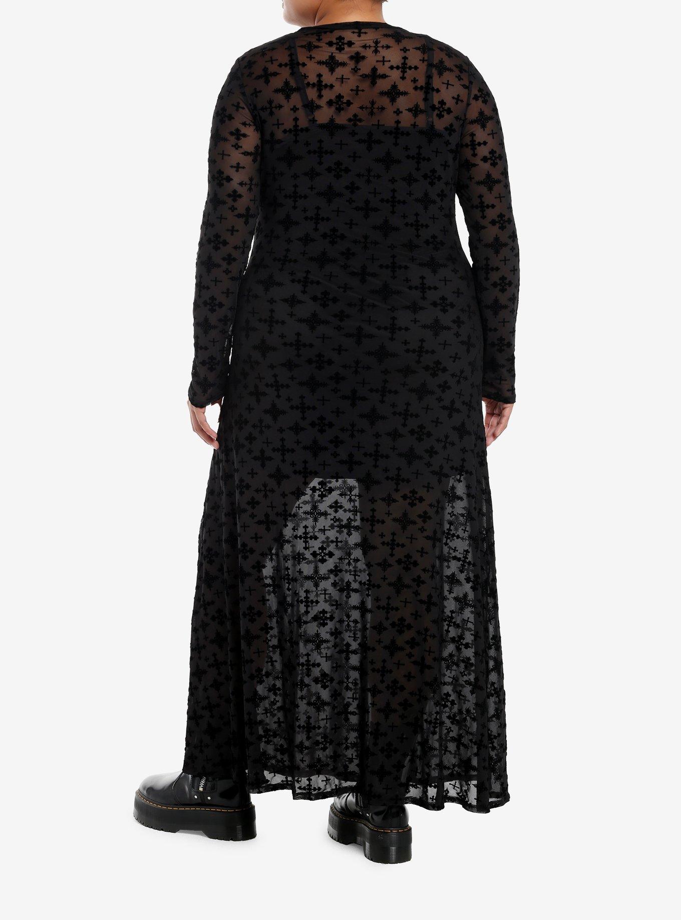 Cosmic Aura Flocked Cross Mesh Long-Sleeve Maxi Dress Plus Size, BLACK, alternate