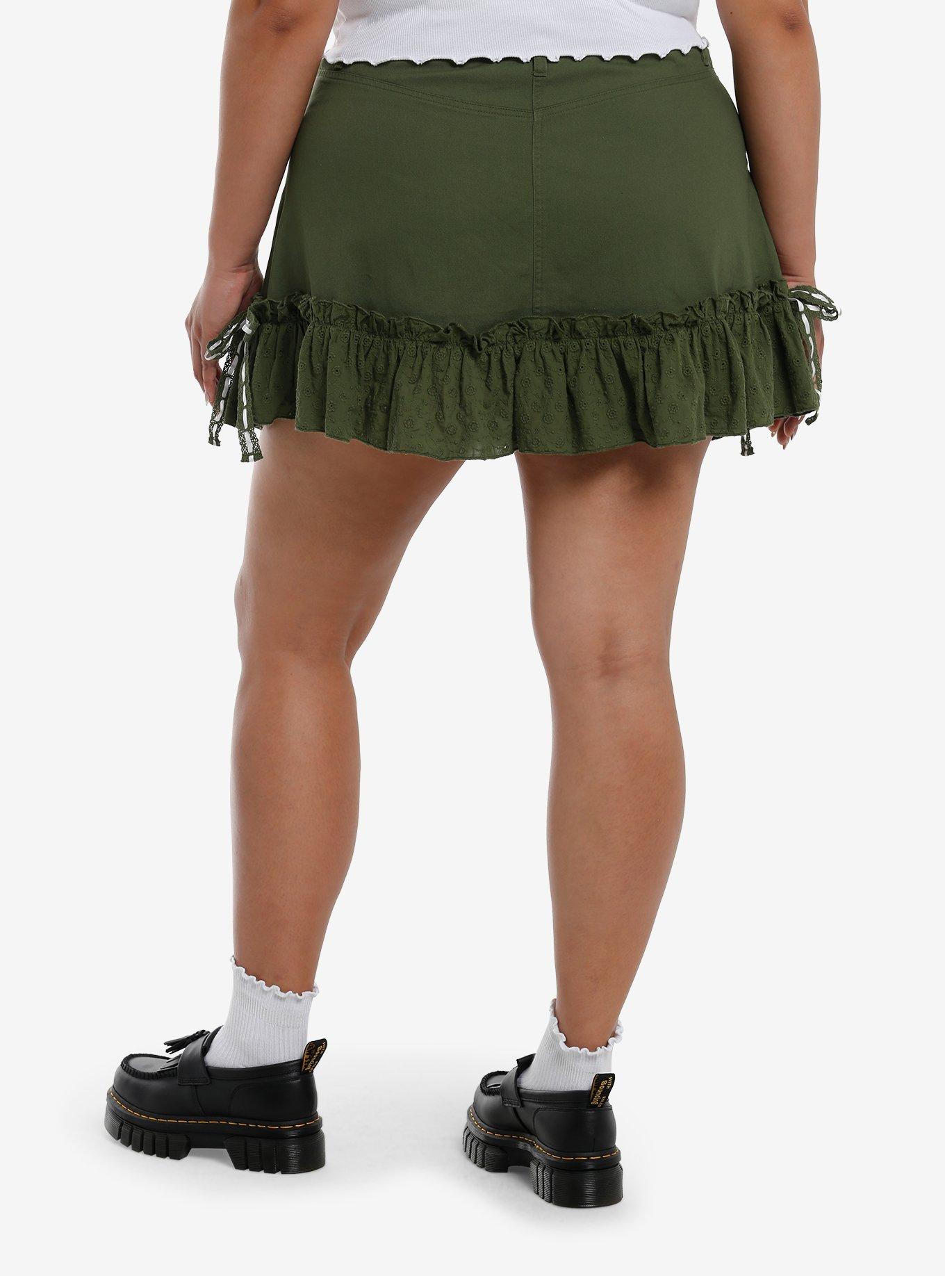 Thorn & Fable Olive Green Eyelet Ruffle Mini Skirt Plus Size, , hi-res