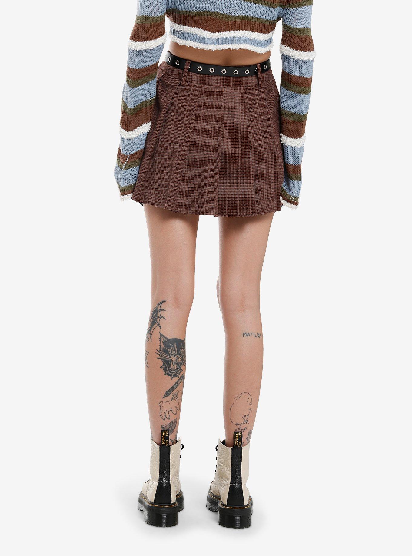 Thorn & Fable Brown Pleated Skirt With Grommet Belt, , hi-res