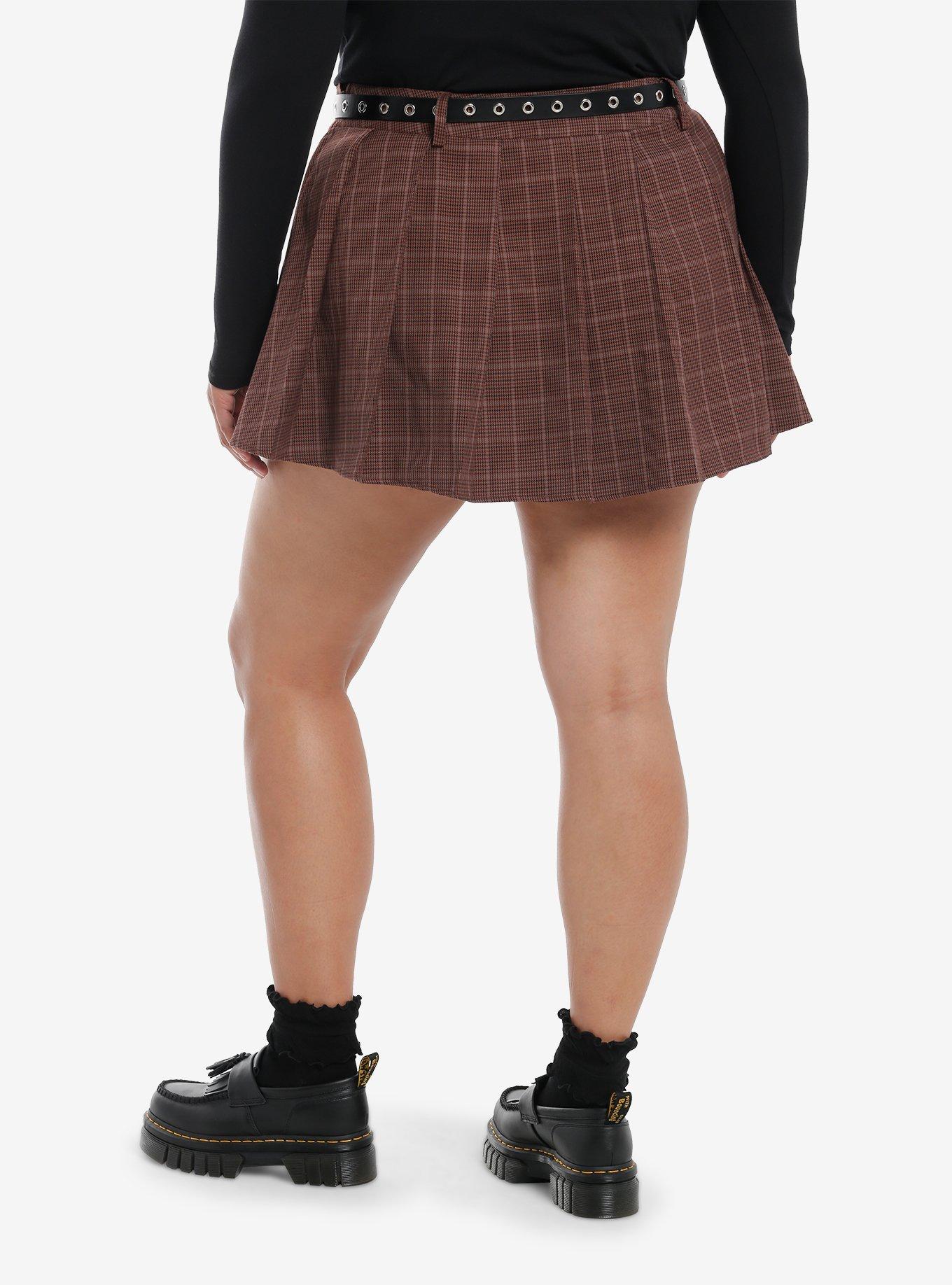 Thorn & Fable Brown Pleated Skirt With Grommet Belt Plus Size, , hi-res