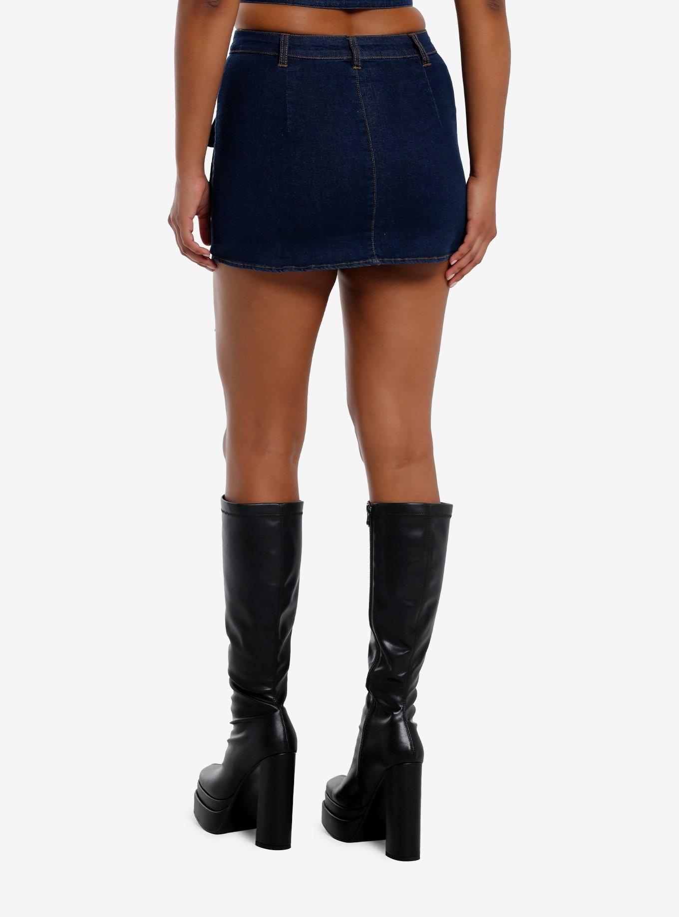 Social Collision Dark Indigo Grommet Strap Denim Skirt, , hi-res
