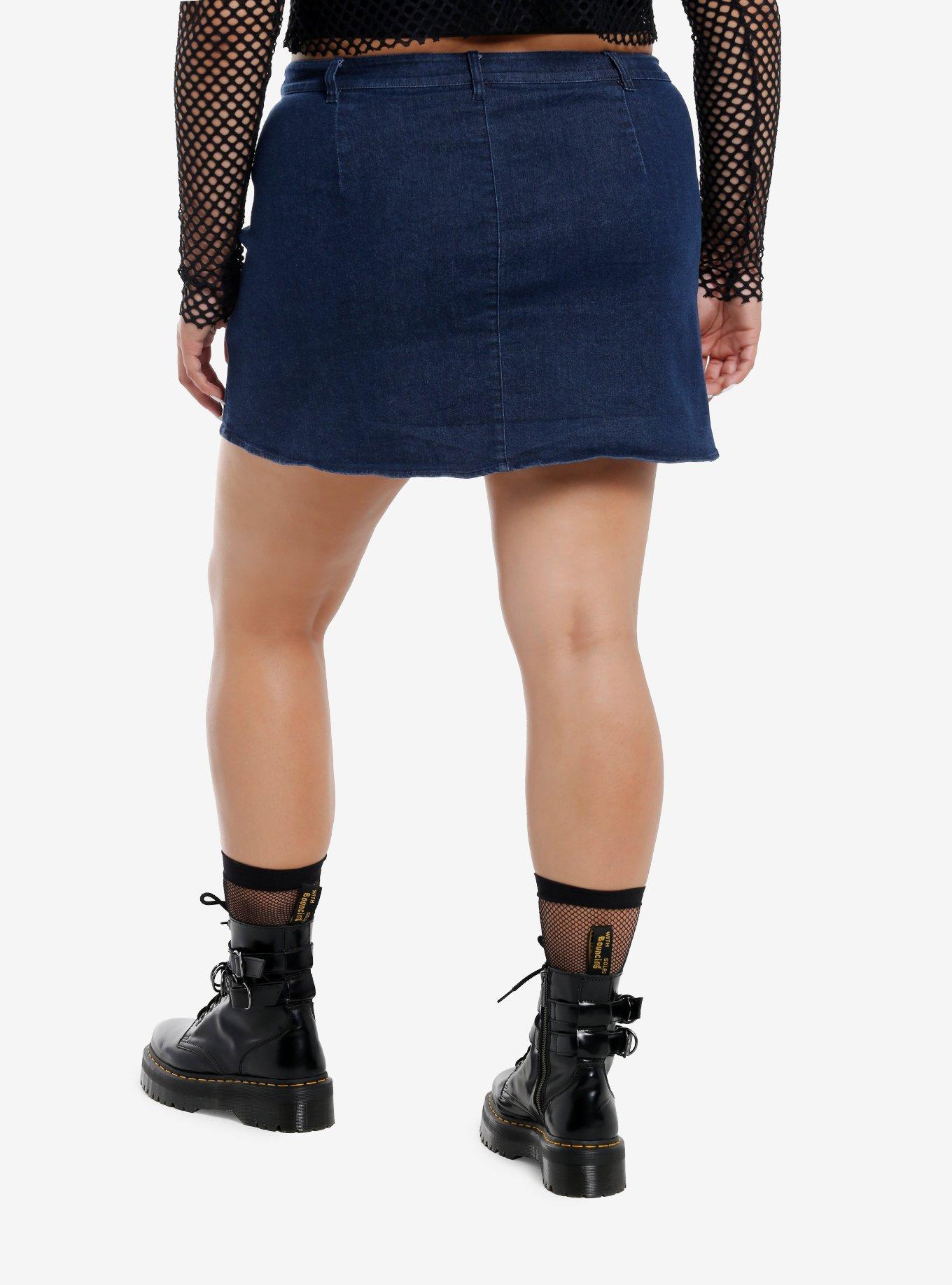 Social Collision Dark Indigo Grommet Strap Denim Skirt, , hi-res
