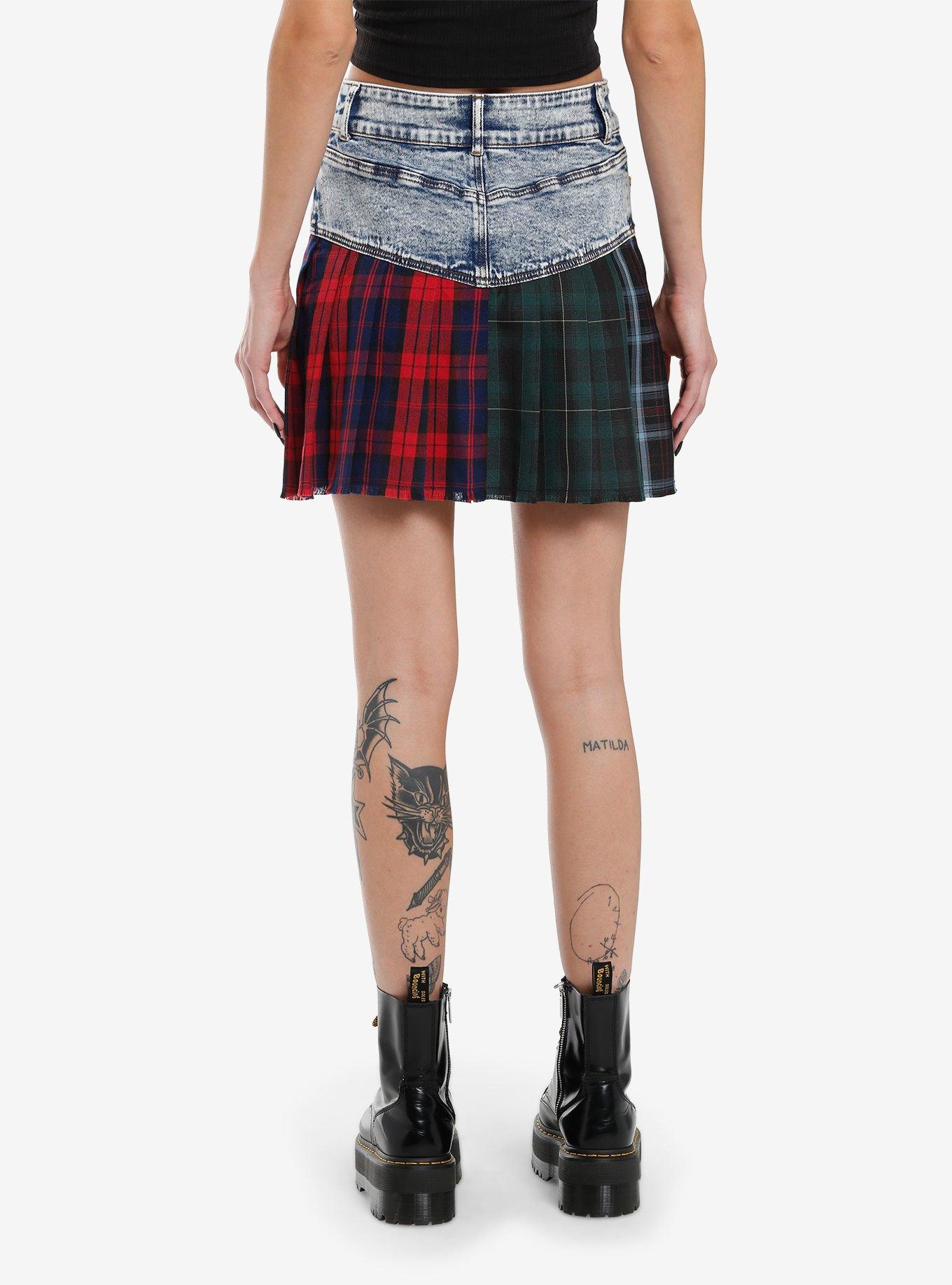 Social Collision Mixed Plaid Split Pleated Skirt, , hi-res