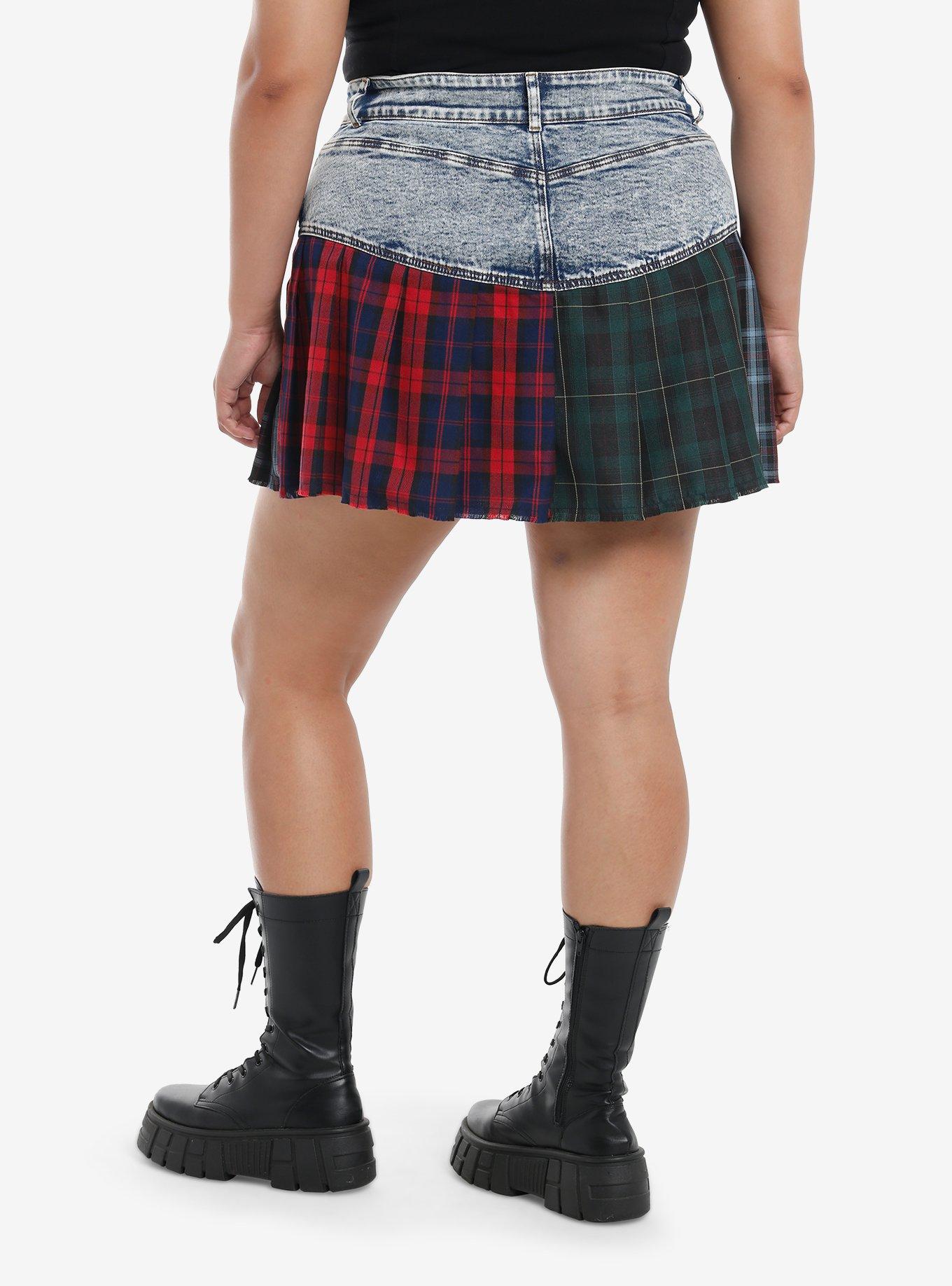 Social Collision Mixed Plaid Split Pleated Skirt Plus Size, , hi-res