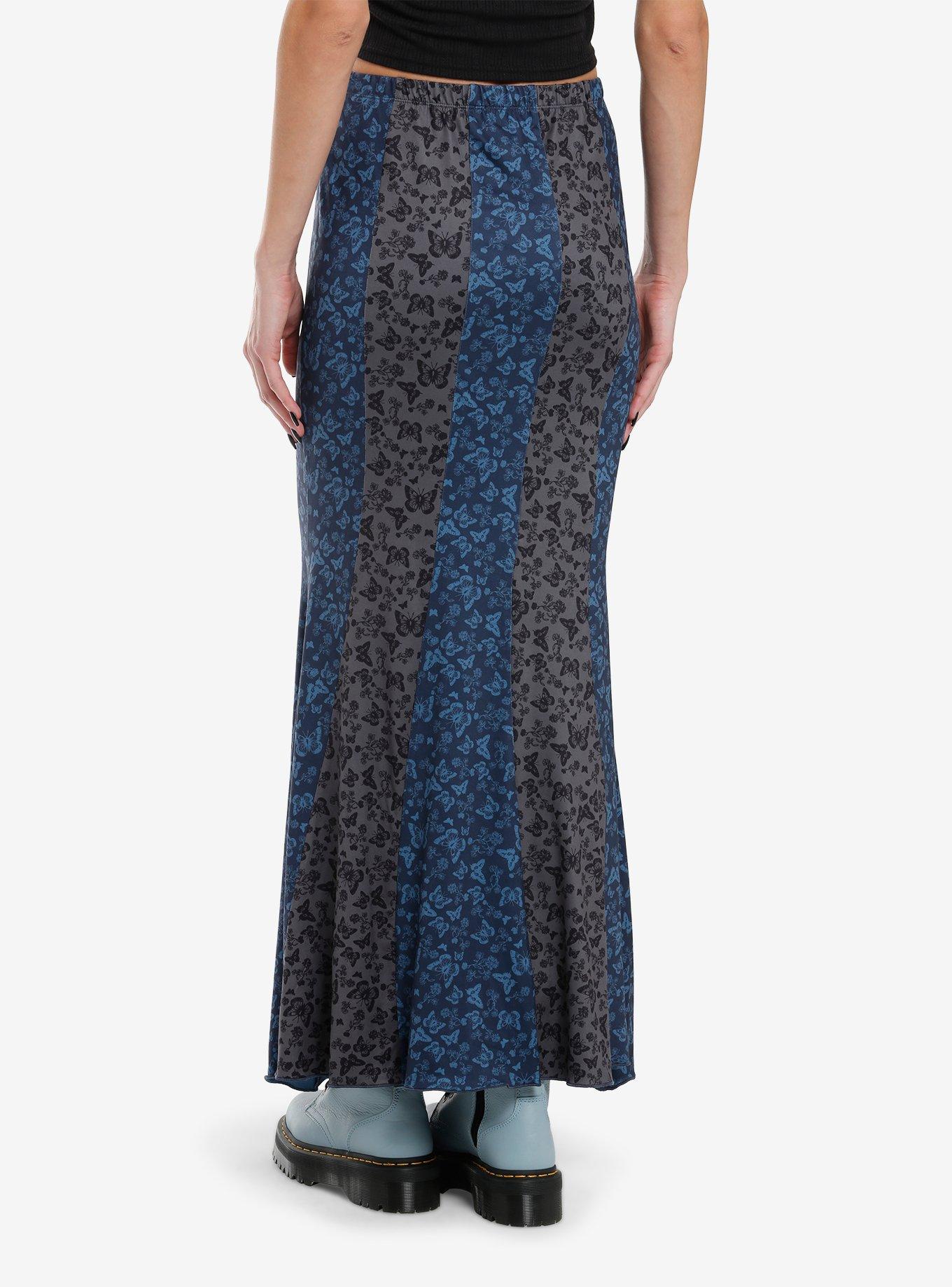Thorn & Fable Black & Blue Butterfly Stripe Mermaid Maxi Skirt, , hi-res