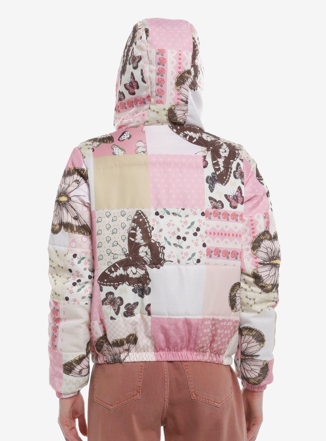 Sweet Society Butterfly Pink Patchwork Girls Puffer Jacket, BROWN, alternate