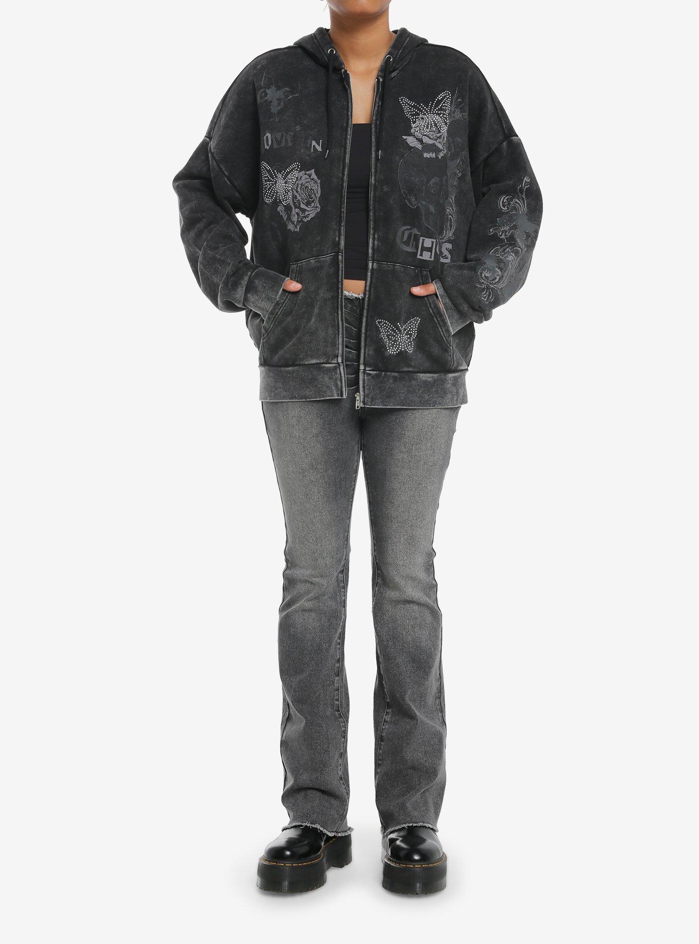Social Collision Butterfly Rose Rhinestone Wash Girls Hoodie, , hi-res
