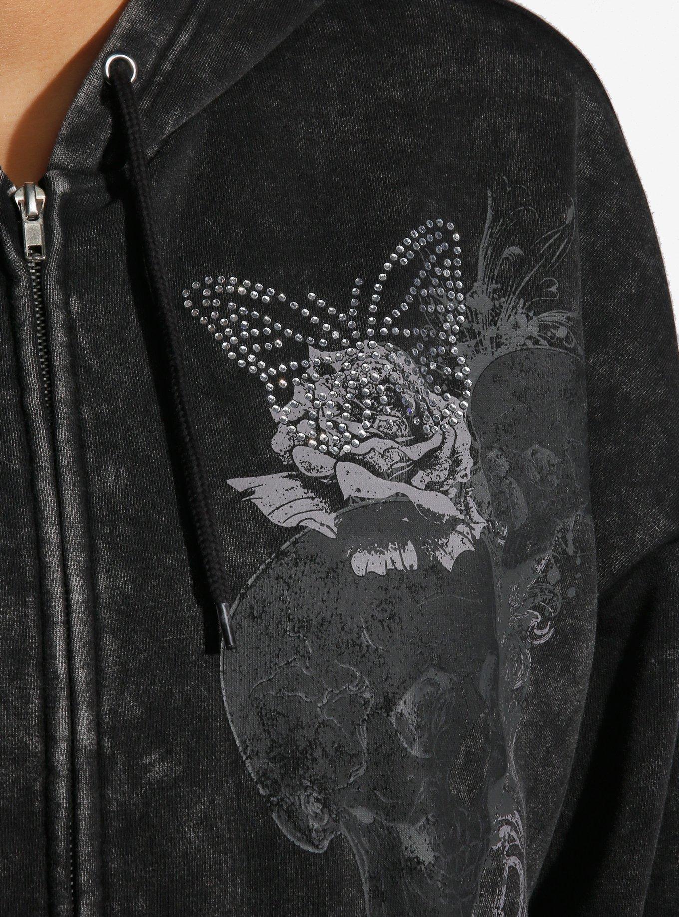 Social Collision Butterfly Rose Rhinestone Wash Girls Hoodie, GREY, alternate