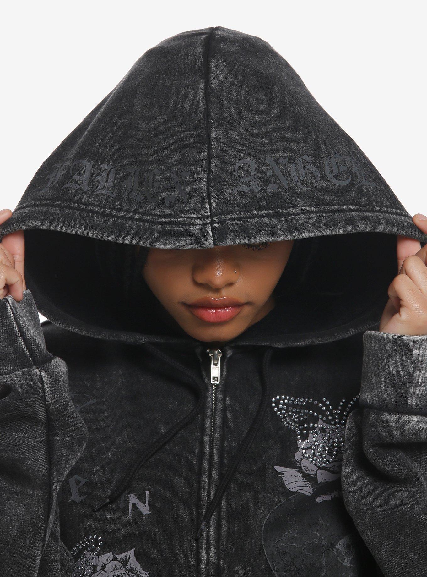 Social Collision Butterfly Rose Rhinestone Wash Girls Hoodie, GREY, alternate