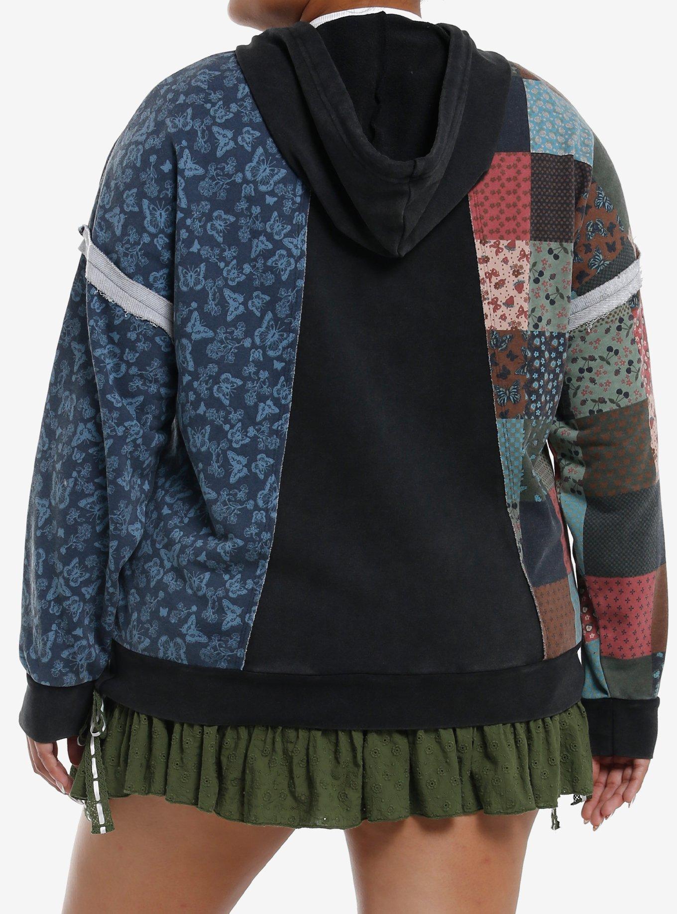 Thorn & Fable Butterflies & Flowers Patchwork Girls Hoodie Plus Size, MULTI, alternate