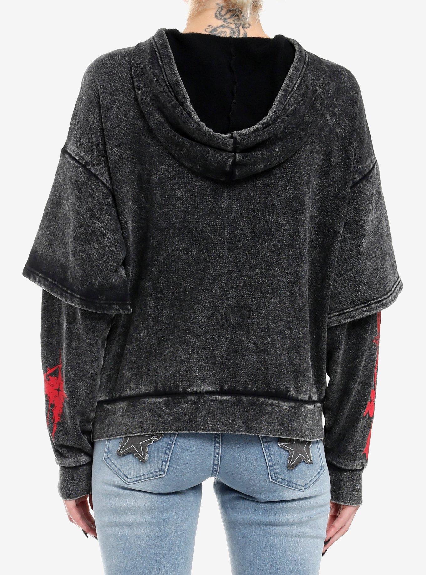 Social Collision Roses Cross Wash Girls Twofer Hoodie, RED, alternate