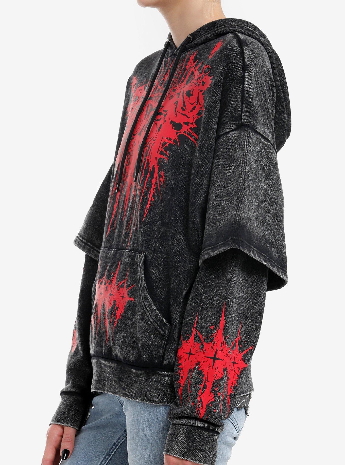 Social Collision Roses Cross Wash Girls Twofer Hoodie, RED, alternate