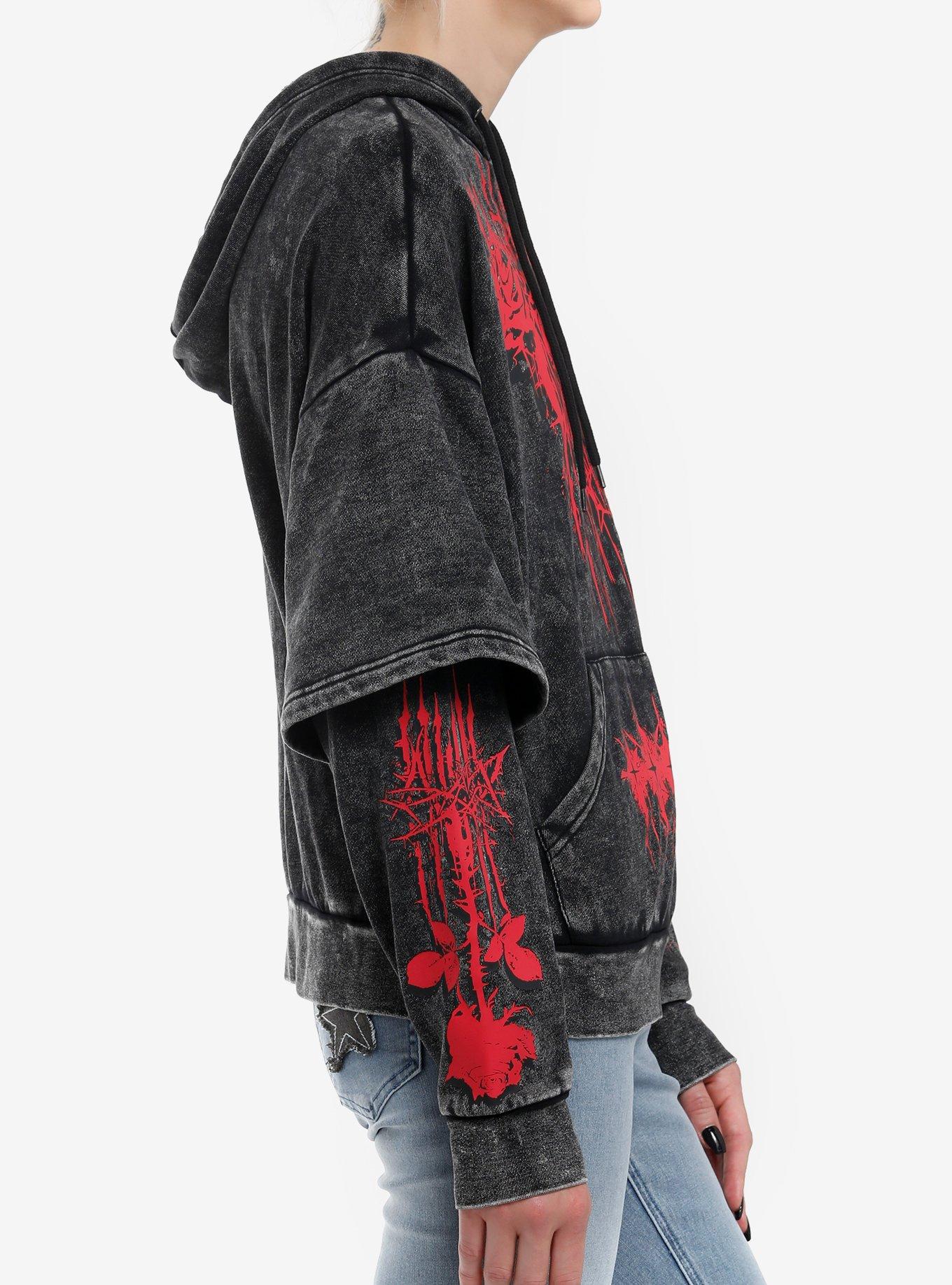 Social Collision Roses Cross Wash Girls Twofer Hoodie, RED, alternate