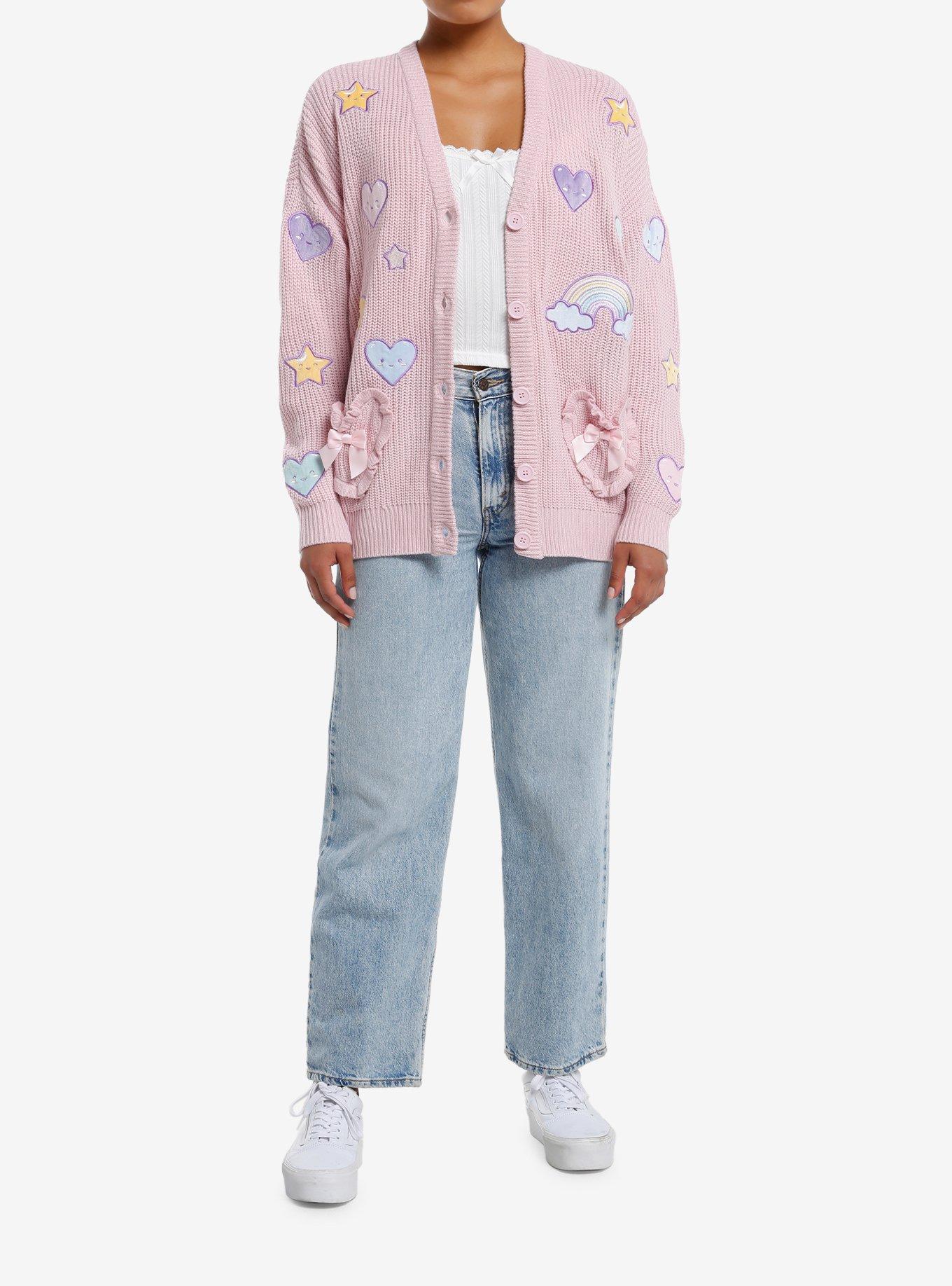 Sweet Society Rainbow Hearts & Star Patch Pastel Pink Girls Cardigan, MULTI, alternate