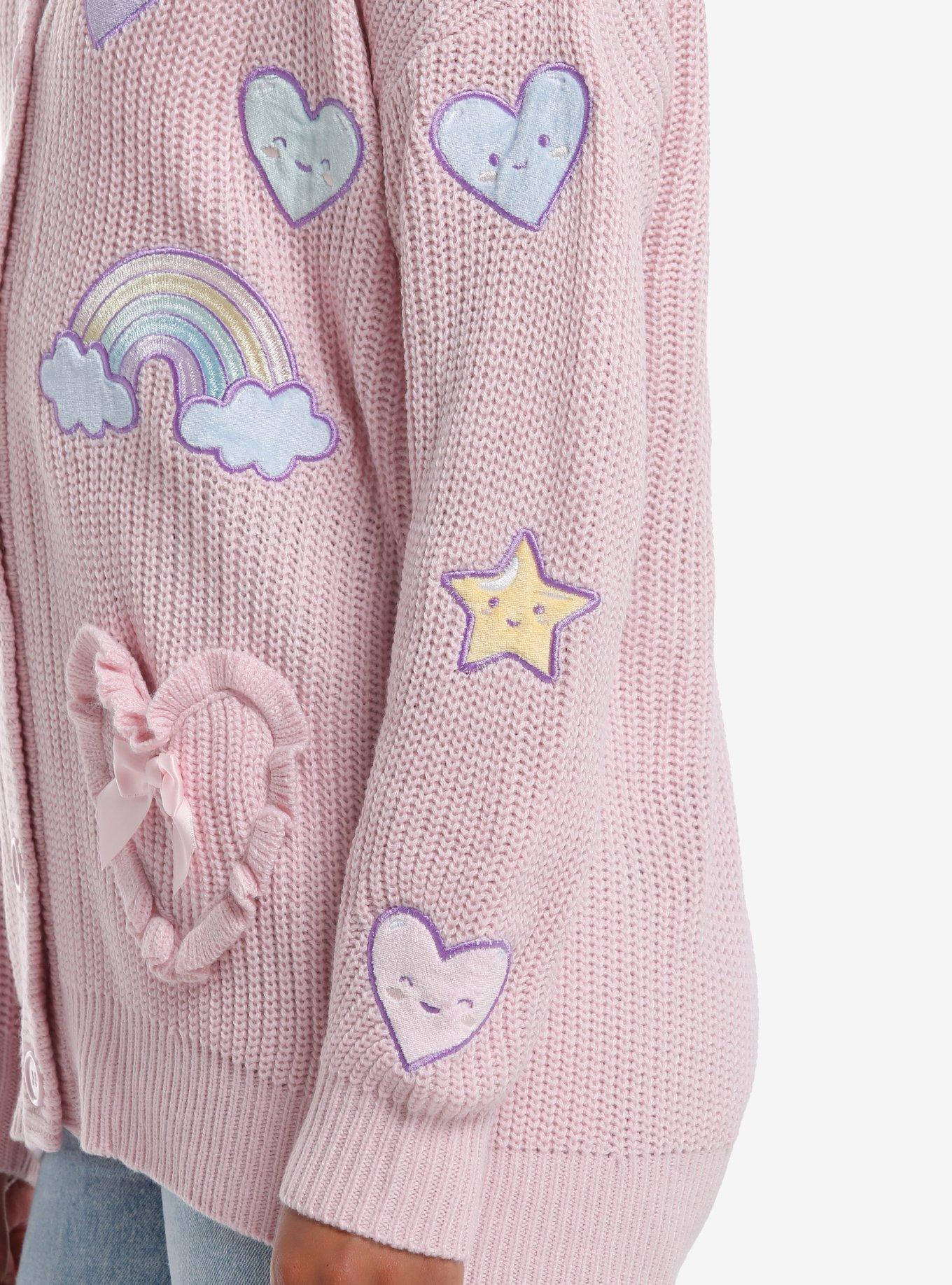 Sweet Society Rainbow Hearts & Star Patch Pastel Pink Girls Cardigan, MULTI, alternate