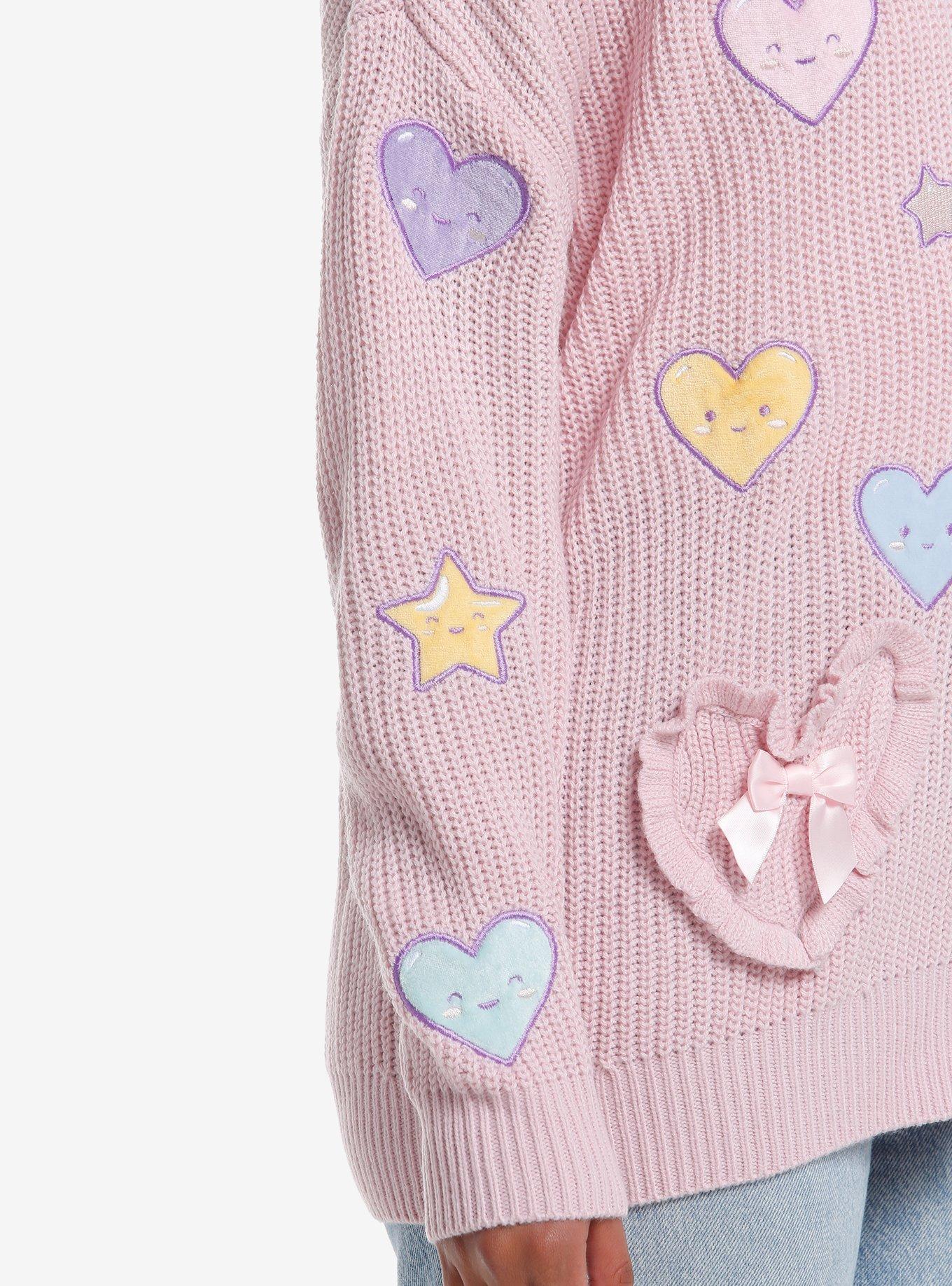 Sweet Society Rainbow Hearts & Star Patch Pastel Pink Girls Cardigan, MULTI, alternate