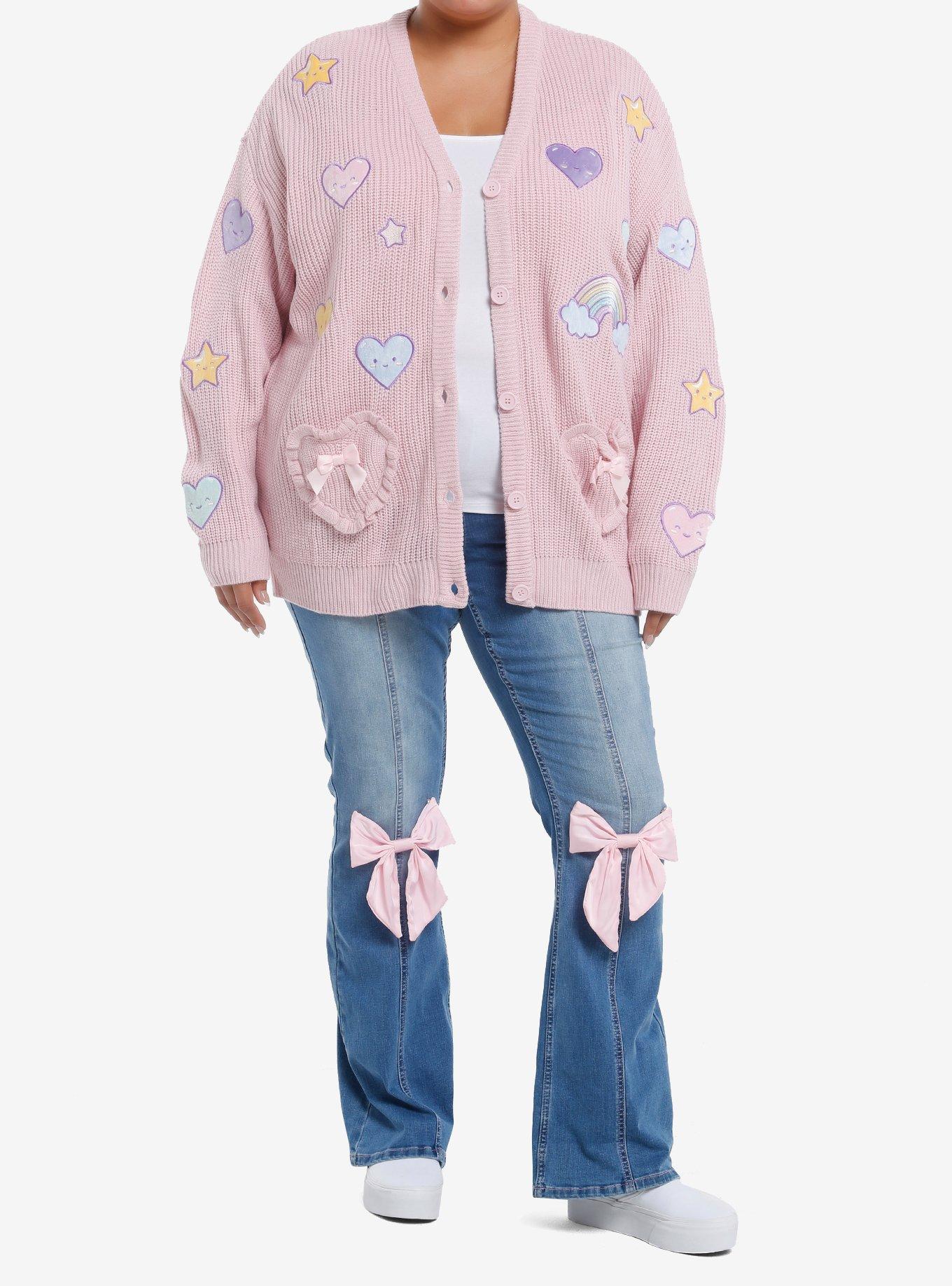 Sweet Society Rainbow Hearts & Star Patch Pastel Pink Girls Cardigan Plus Size, , hi-res