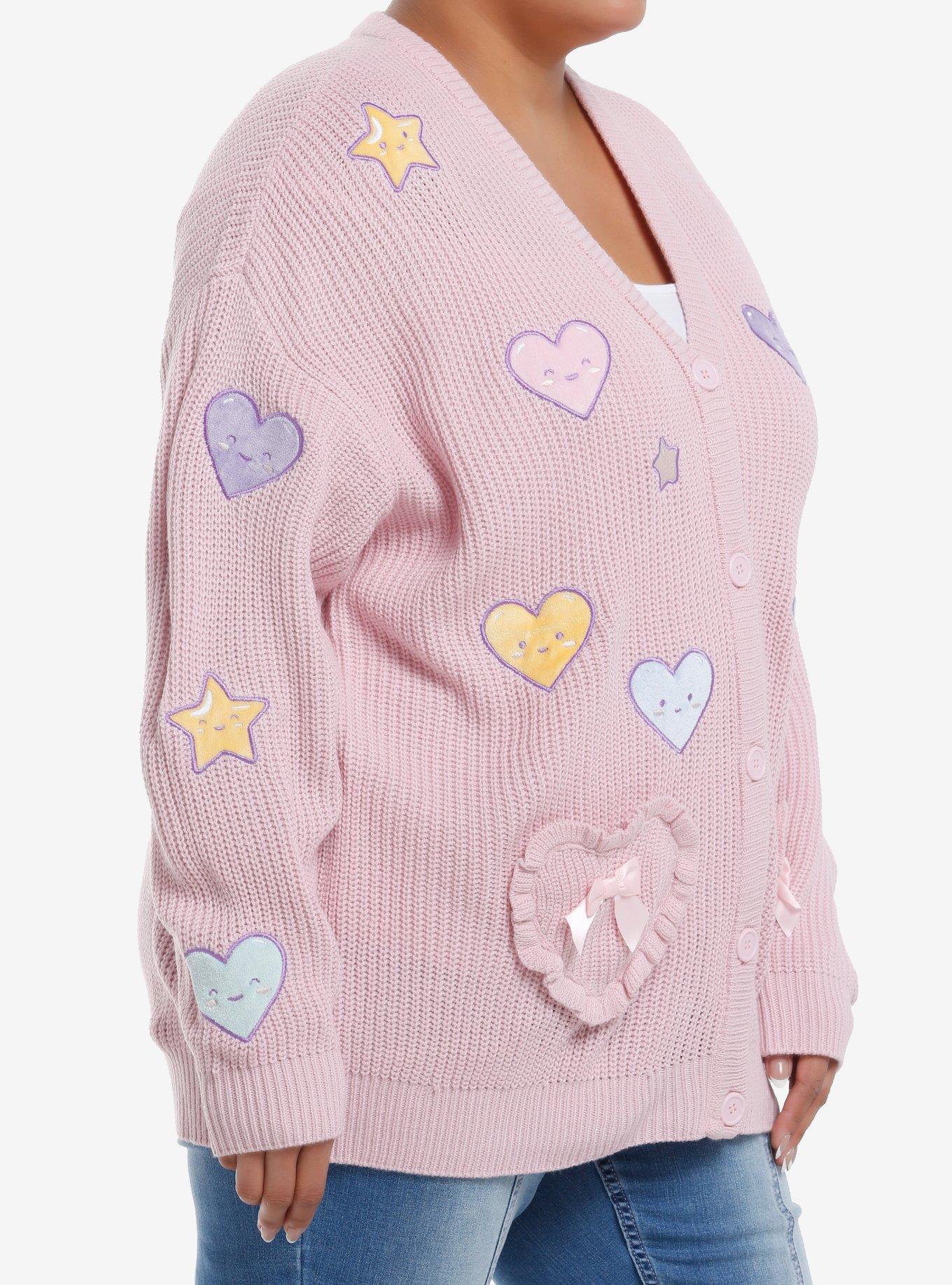 Sweet Society Rainbow Hearts & Star Patch Pastel Pink Girls Cardigan Plus Size, MULTI, alternate