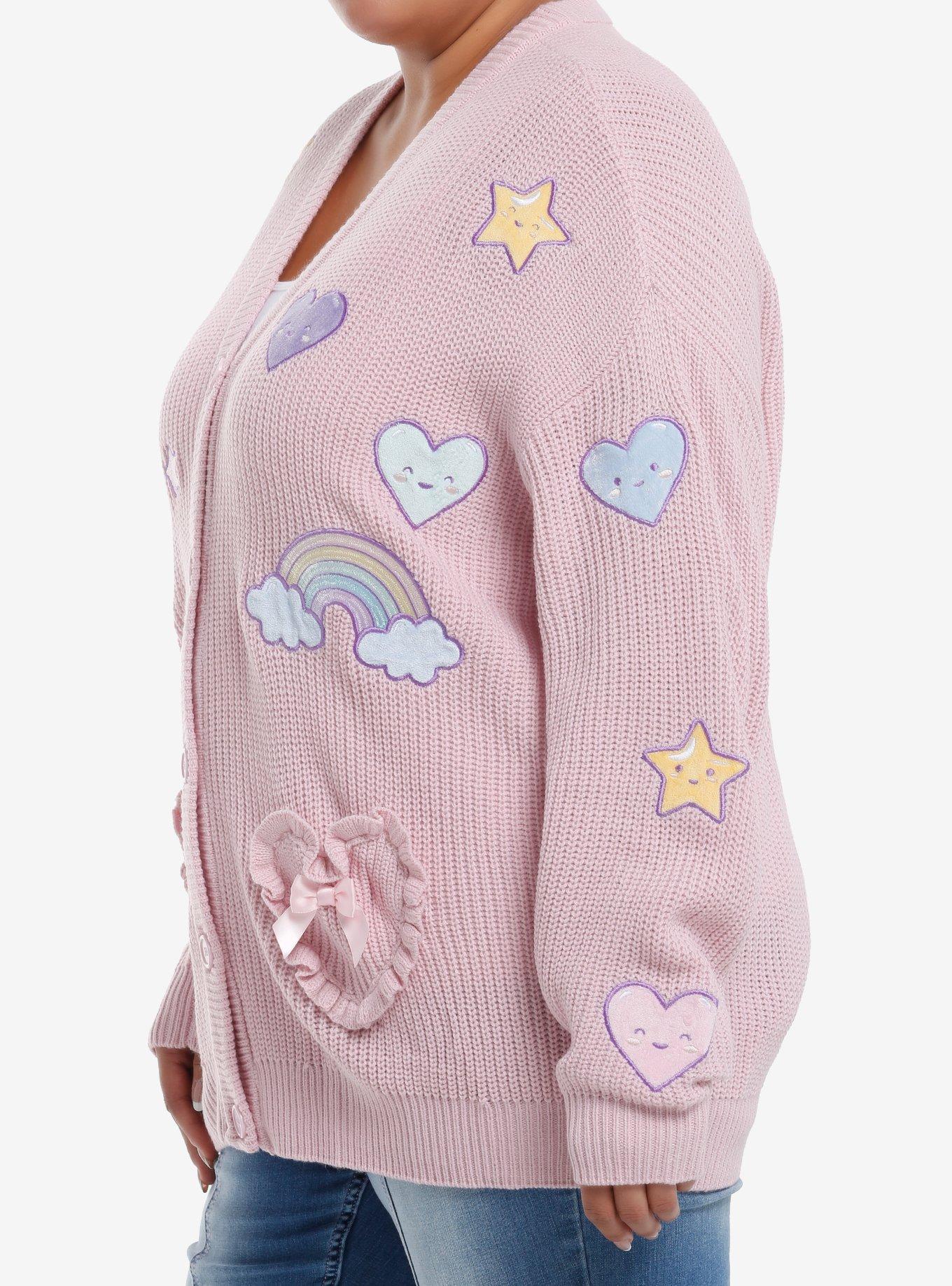 Sweet Society Rainbow Hearts & Star Patch Pastel Pink Girls Cardigan Plus Size, MULTI, alternate