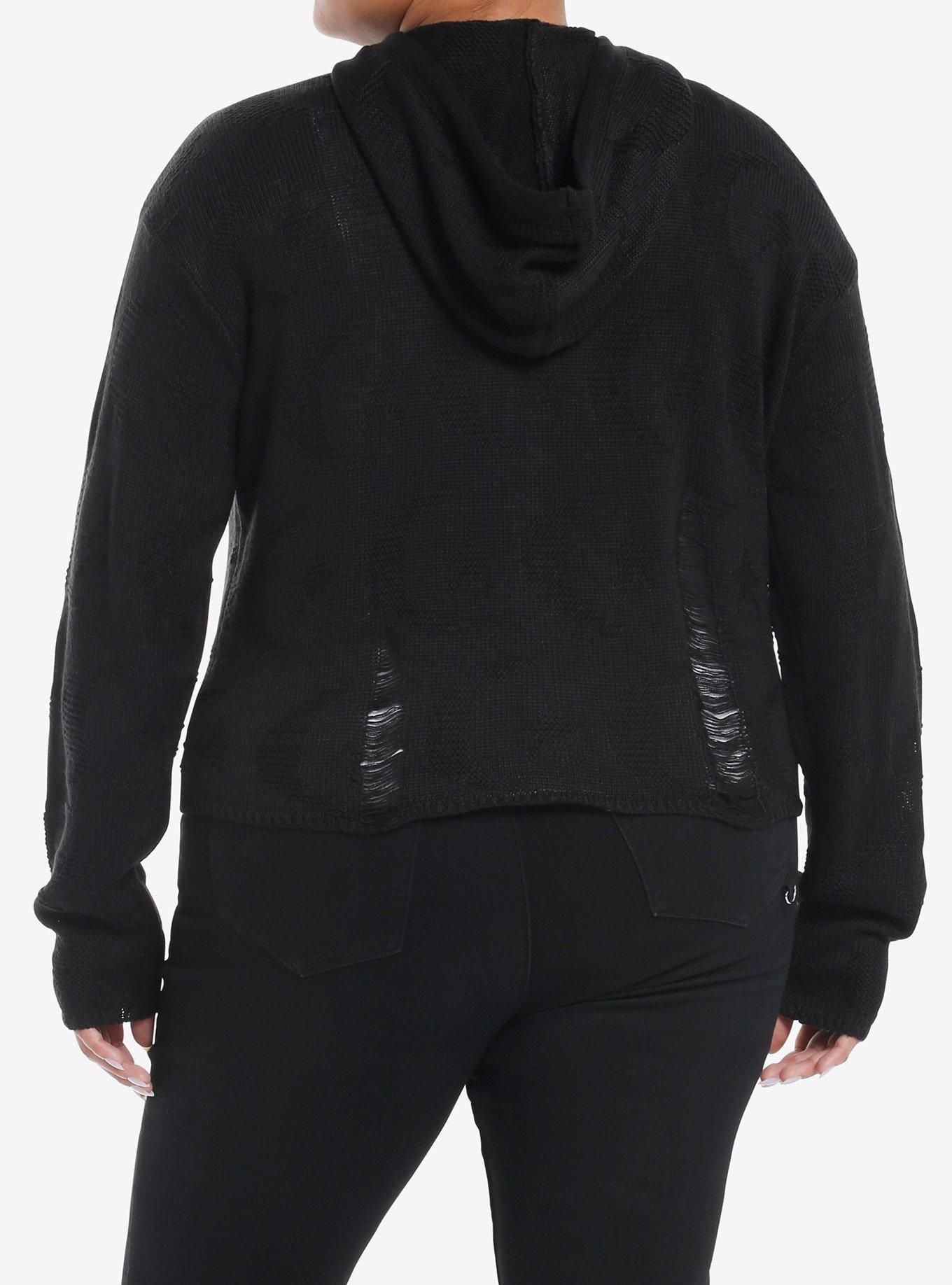 Cosmic Aura Star & Moon Destructed Girls Hoodie Plus Size, BLACK, alternate