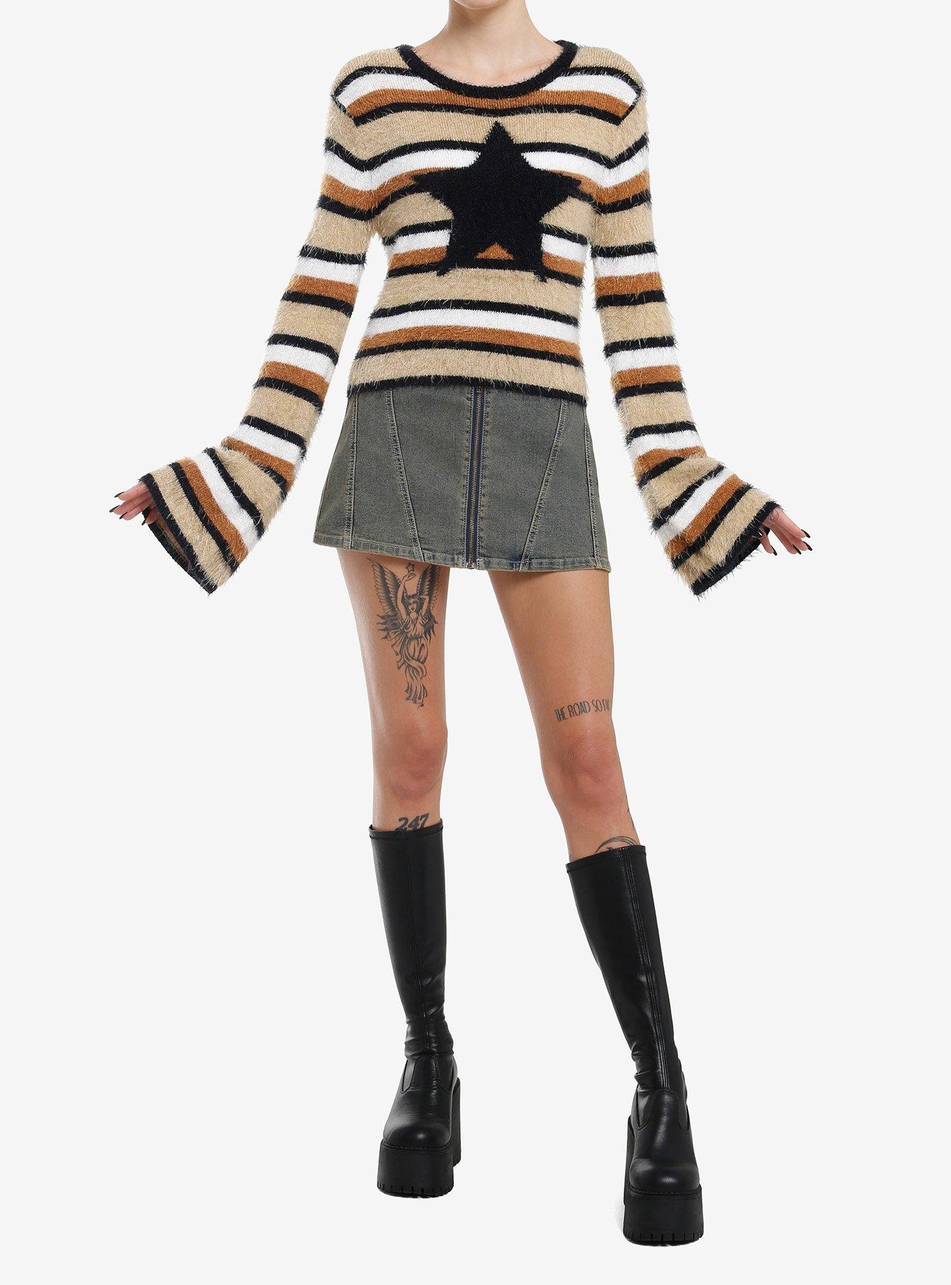 Social Collision Star Stripe Fuzzy Girls Crop Sweater, , hi-res