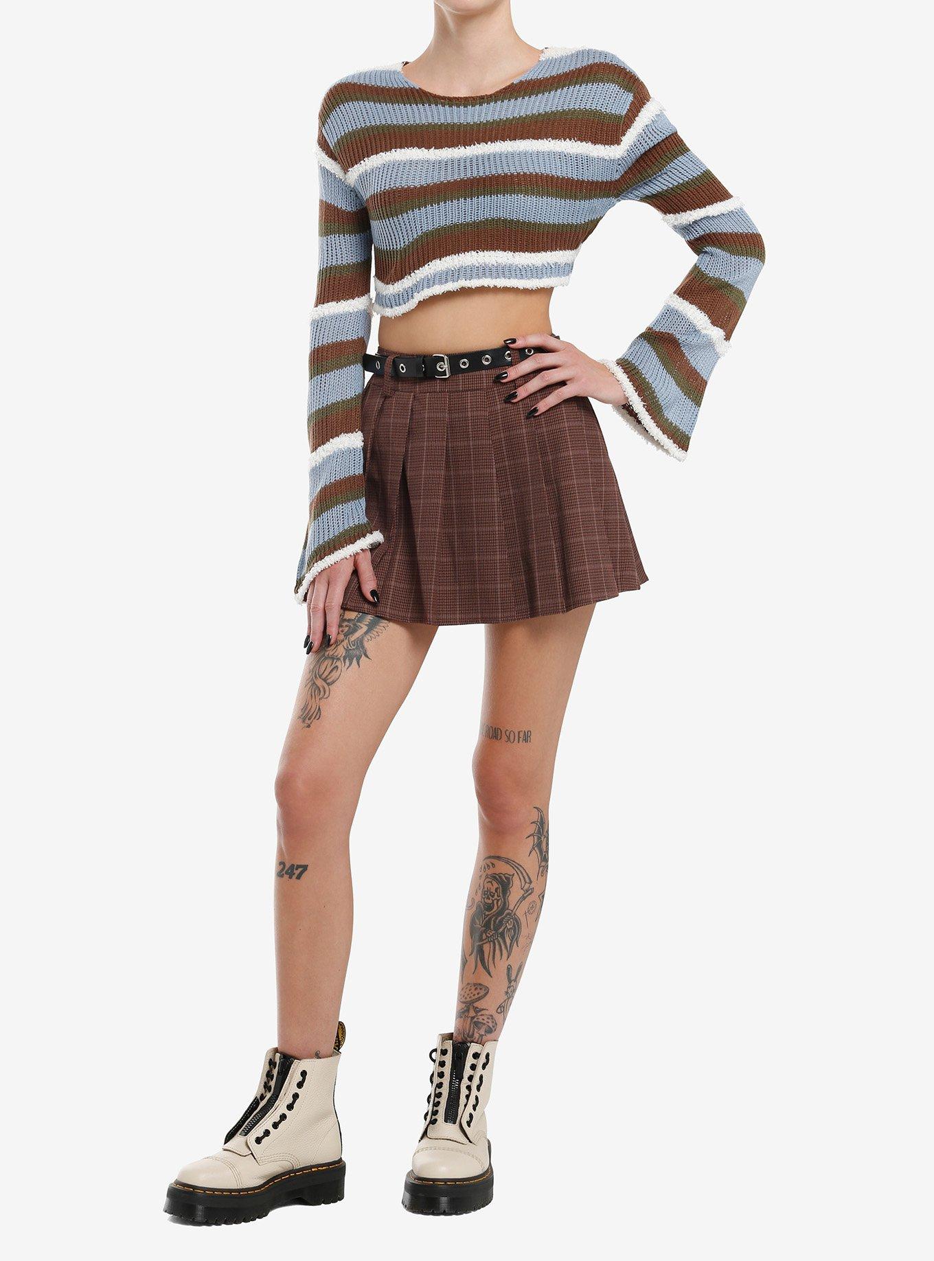 Thorn & Fable Blue Earth Tone Stripe Fuzzy Bolero Girls Crop Shrug, , hi-res