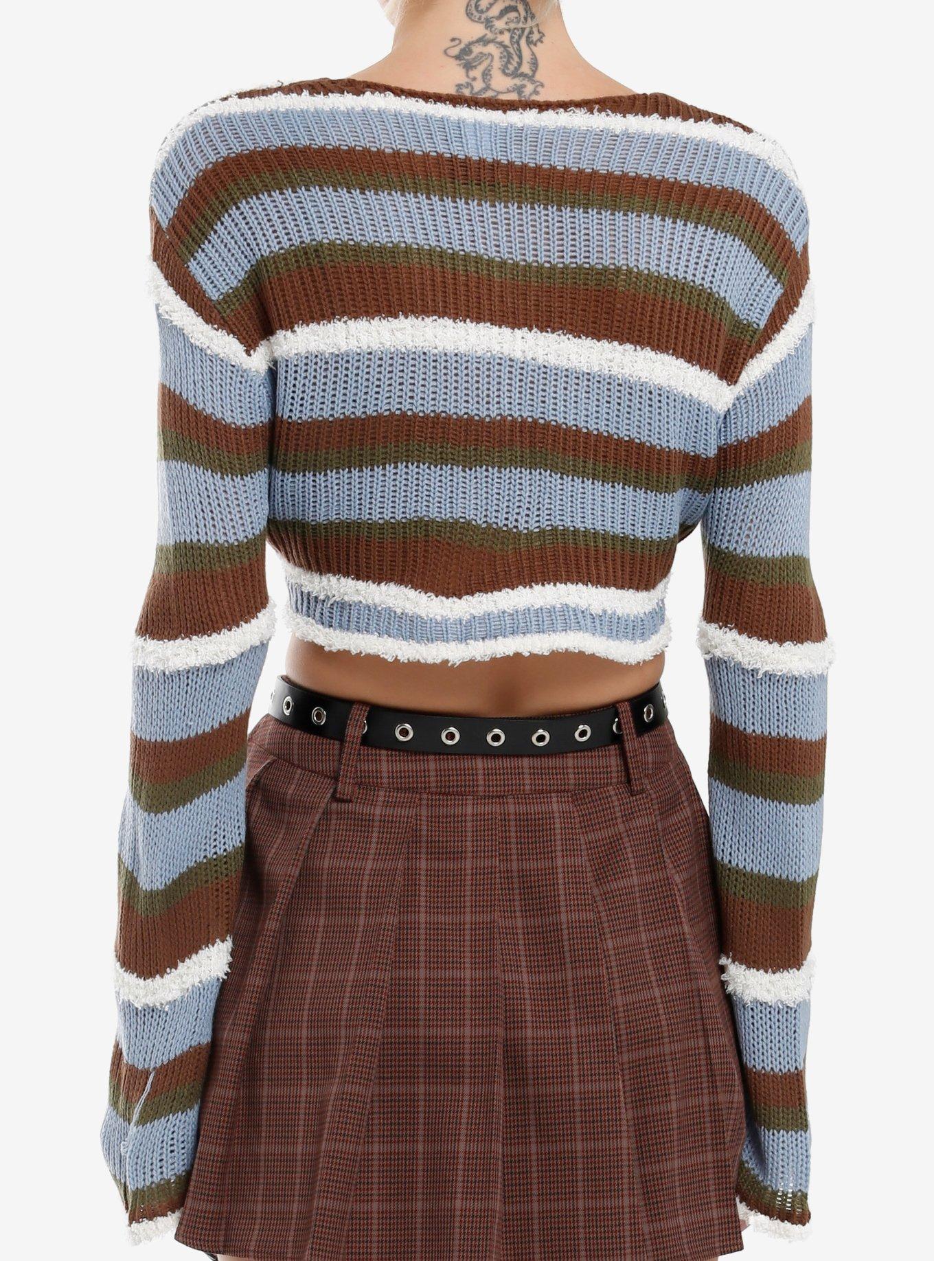 Thorn & Fable Blue Earth Tone Stripe Fuzzy Bolero Girls Crop Shrug, BROWN, alternate