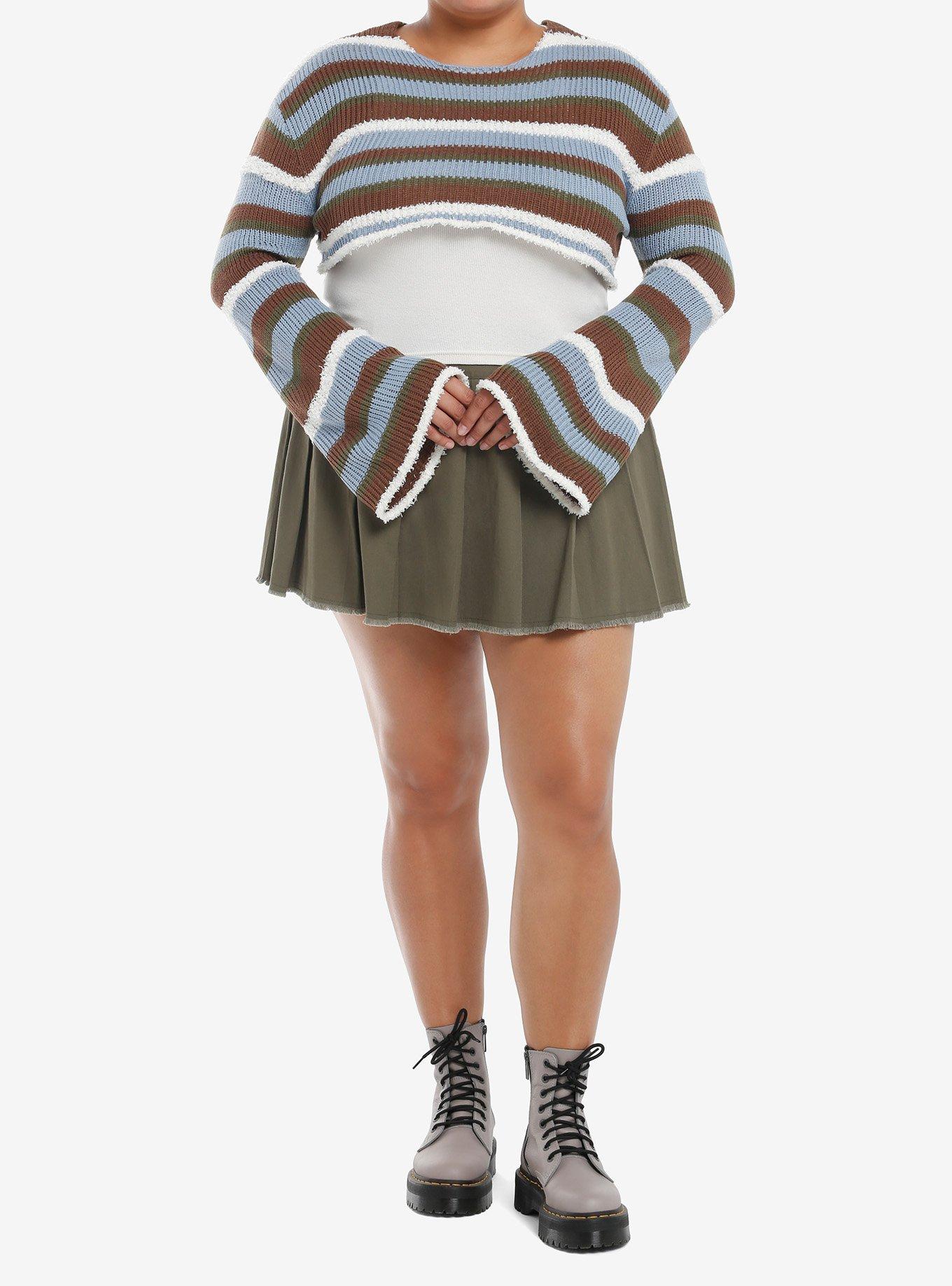 Thorn & Fable Blue Earth Tone Stripe Fuzzy Bolero Girls Crop Shrug Plus Size, , hi-res