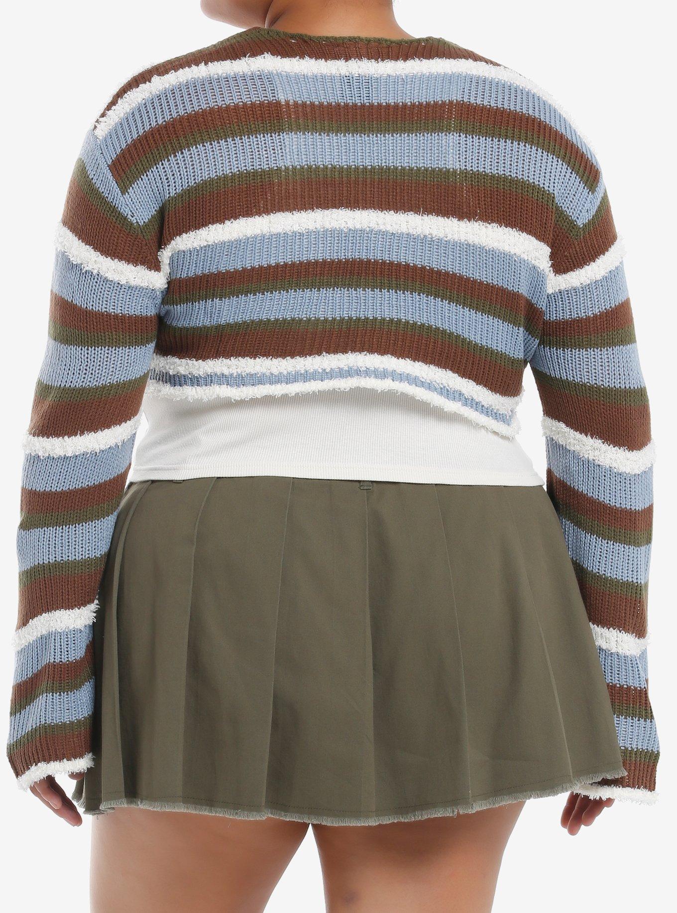 Thorn & Fable Blue Earth Tone Stripe Fuzzy Bolero Girls Crop Shrug Plus Size, BROWN, alternate