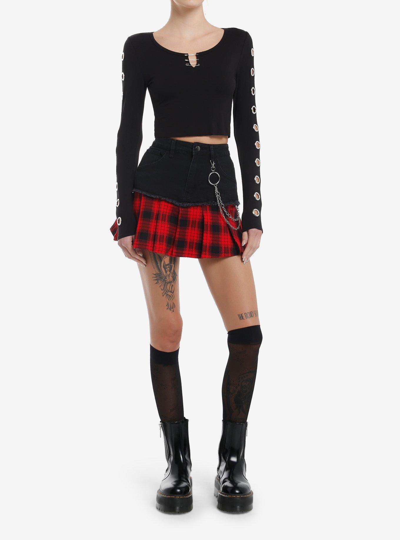 Social Collision Grommet & Safety Pin Girls Crop Long-Sleeve Top, BLACK, alternate