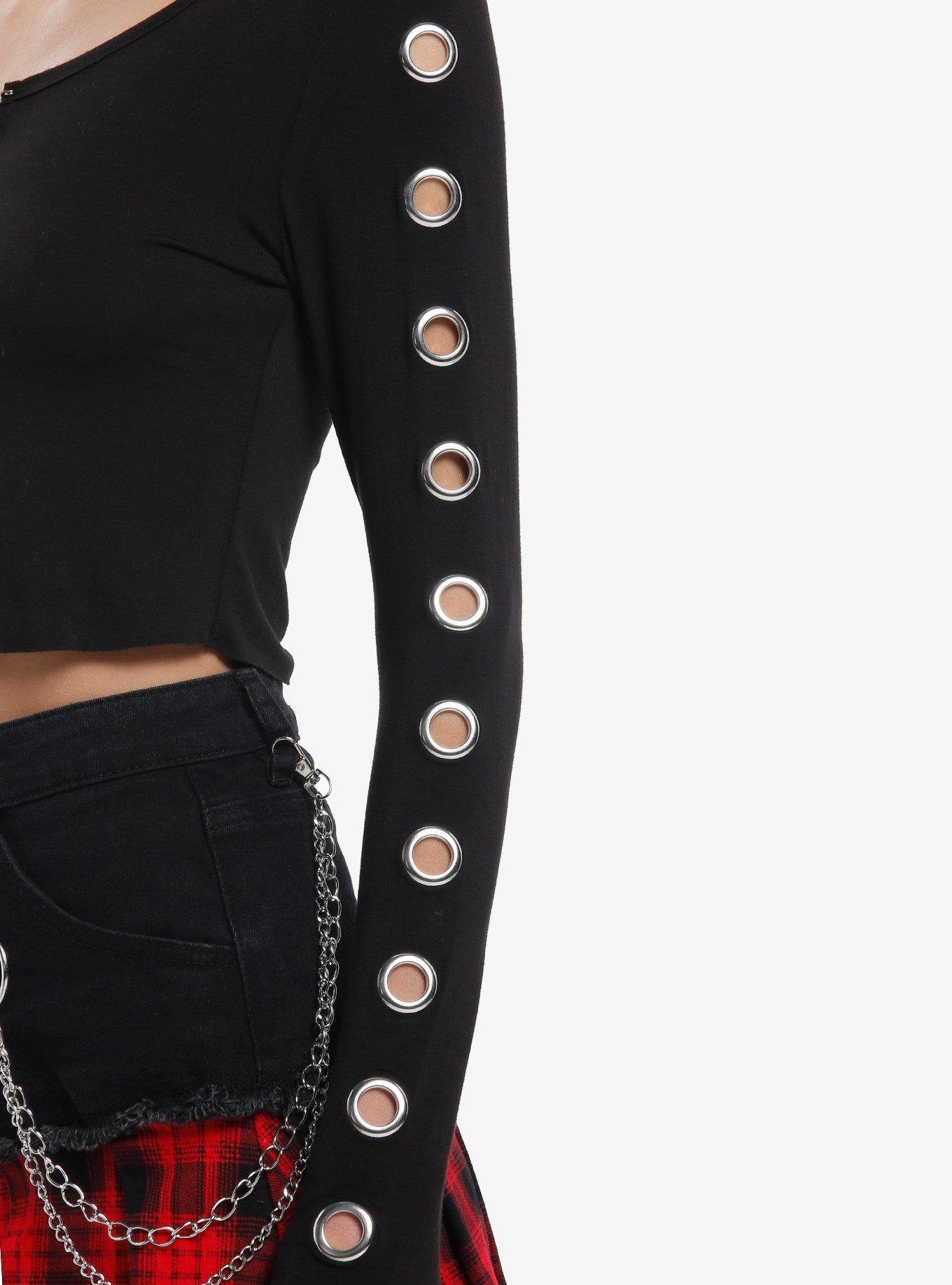 Social Collision Grommet & Safety Pin Girls Crop Long-Sleeve Top, BLACK, alternate
