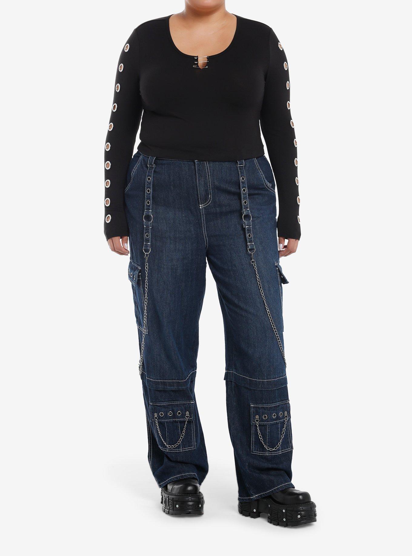 Social Collision Grommet & Safety Pin Girls Crop Long-Sleeve Top Plus Size, BLACK, alternate