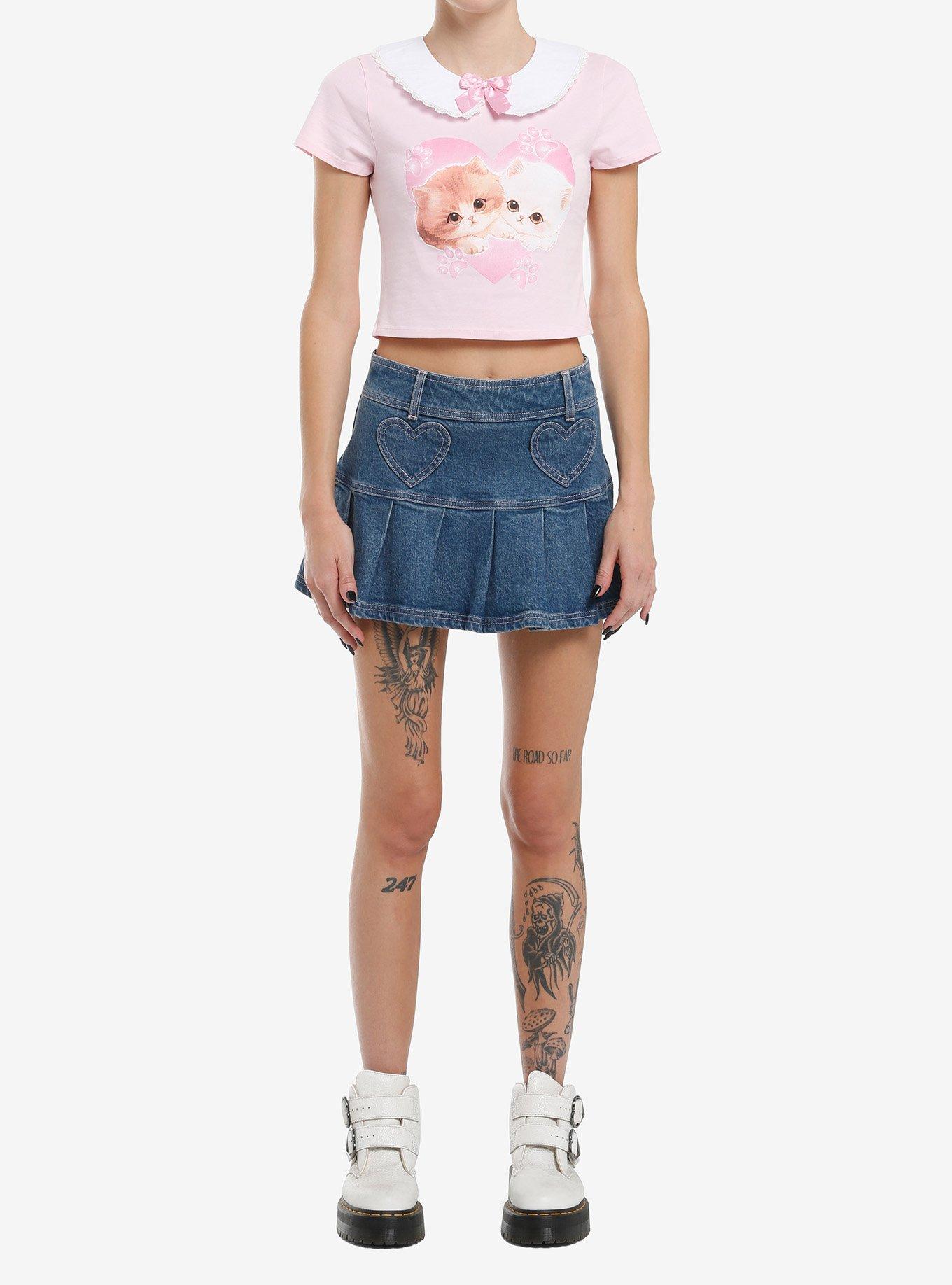 Sweet Society Kawaii Kitten Peter Pan Collar Girls Crop Top, , alternate