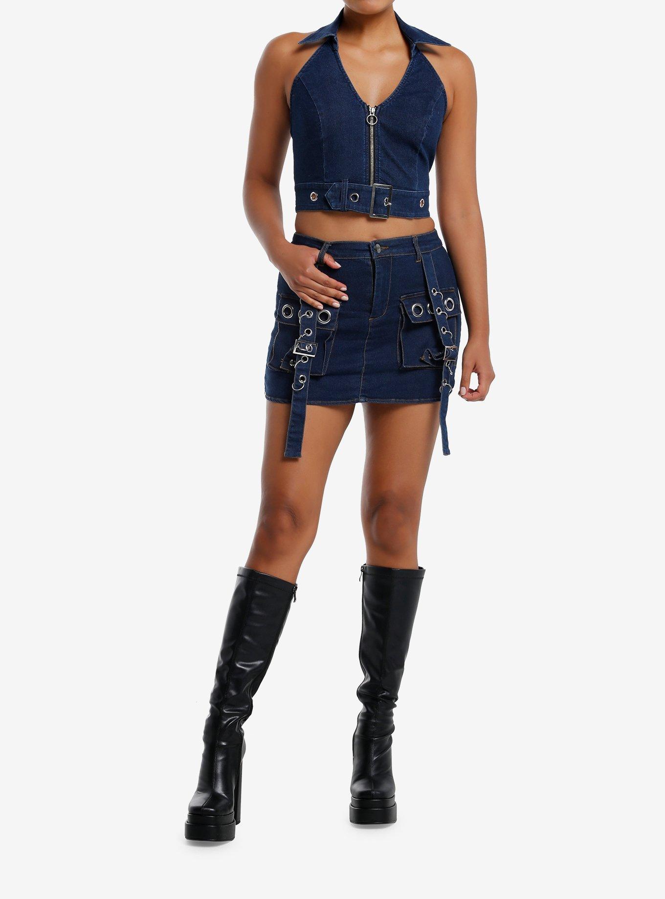 Dark Indigo Grommet Buckle Strap Denim Girls Halter Top, , hi-res