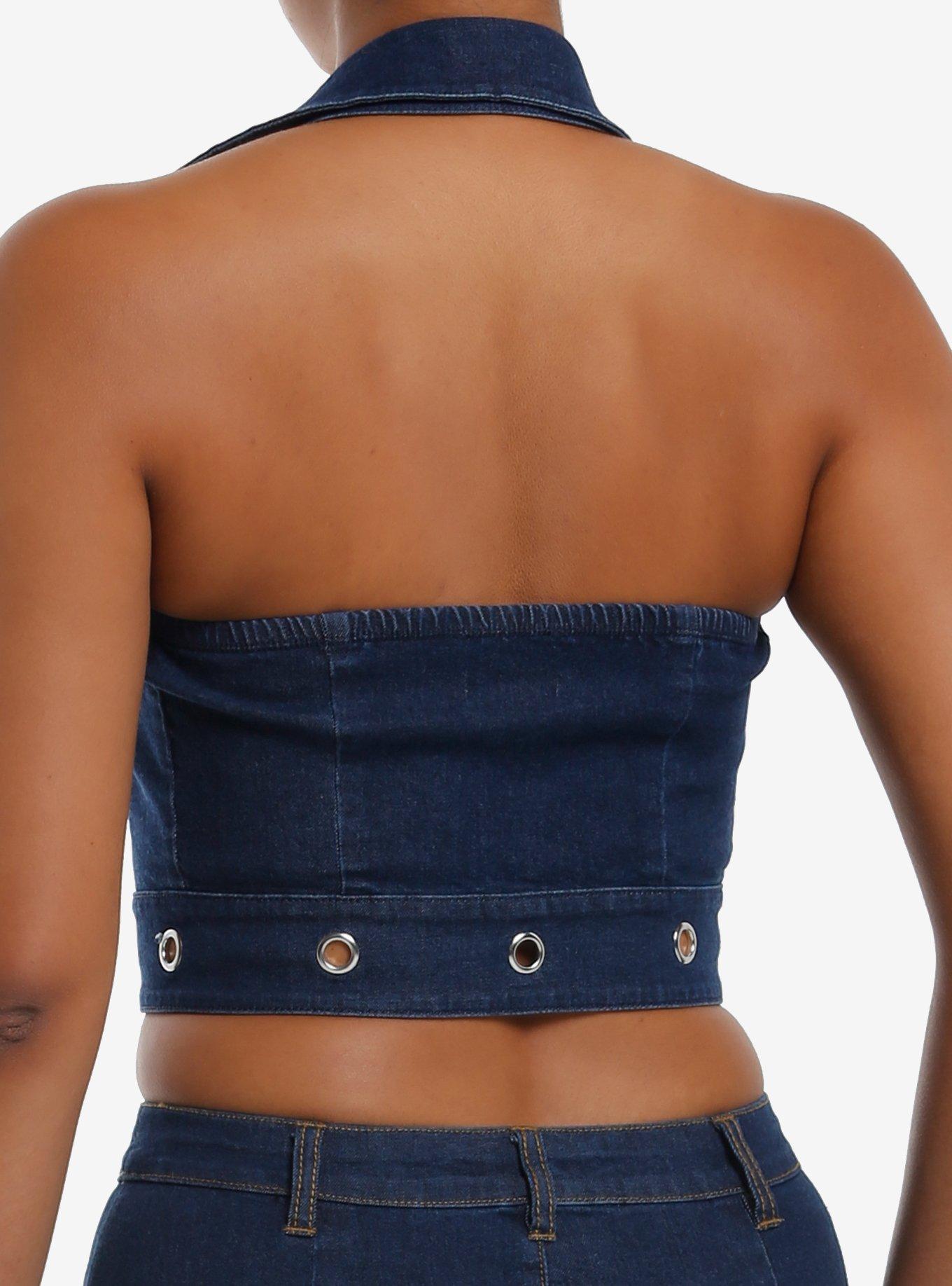 Dark Indigo Grommet Buckle Strap Denim Girls Halter Top, BLUE, alternate