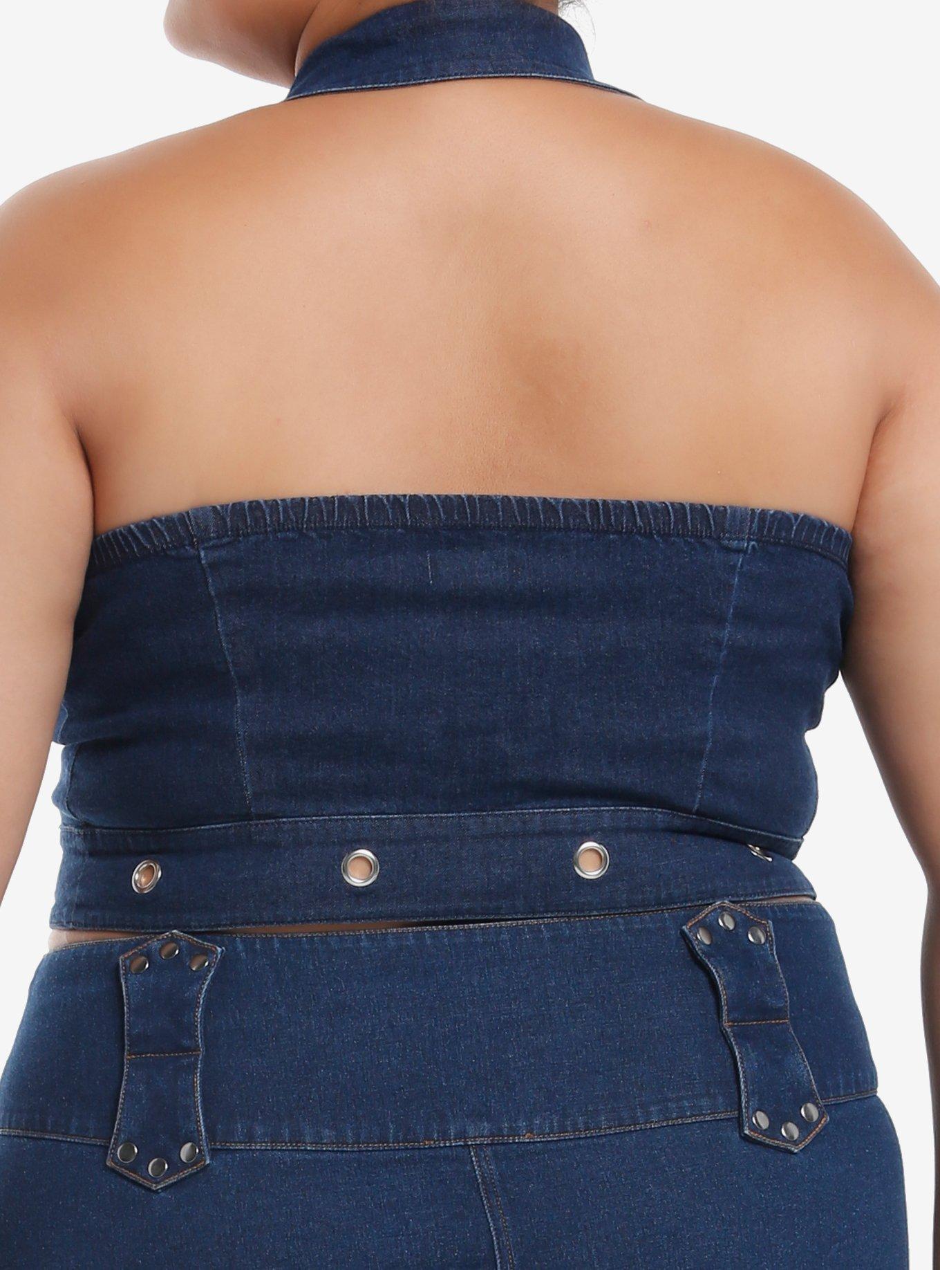 Dark Indigo Grommet Buckle Strap Denim Girls Halter Top Plus Size, BLUE, alternate