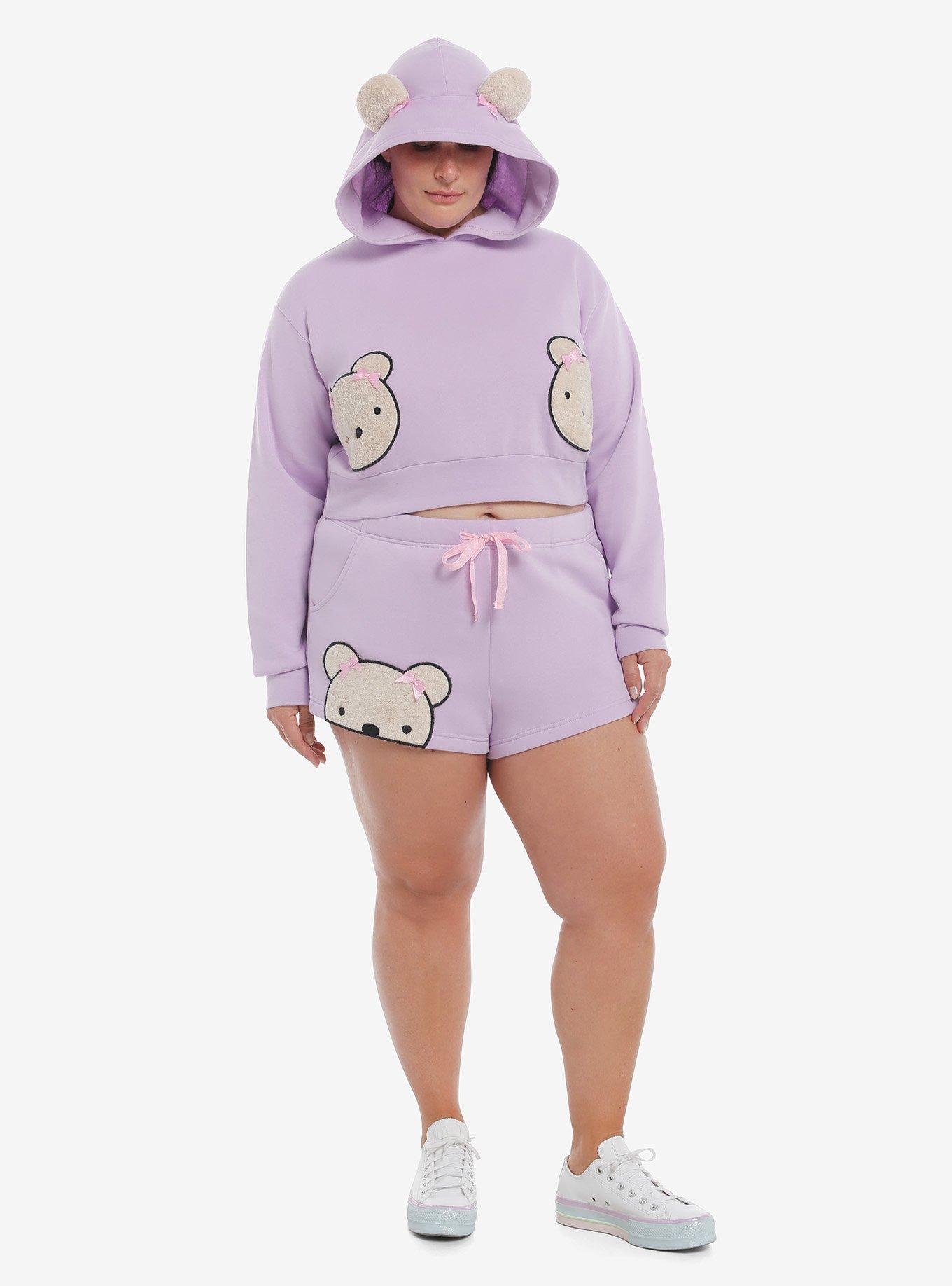 Lavender Teddy Bear Girls Crop Hoodie Plus Size, LAVENDER, alternate