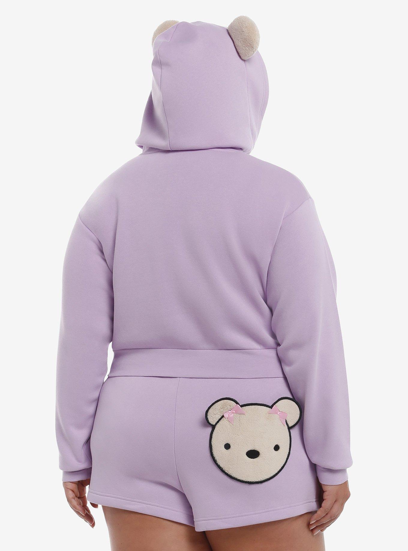 Lavender Teddy Bear Girls Crop Hoodie Plus Size, LAVENDER, alternate