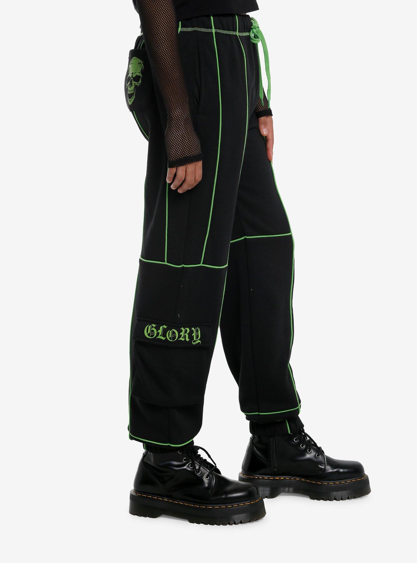Black & Green Skull Cargo Girls Jogger Sweatpants, BLACK, alternate