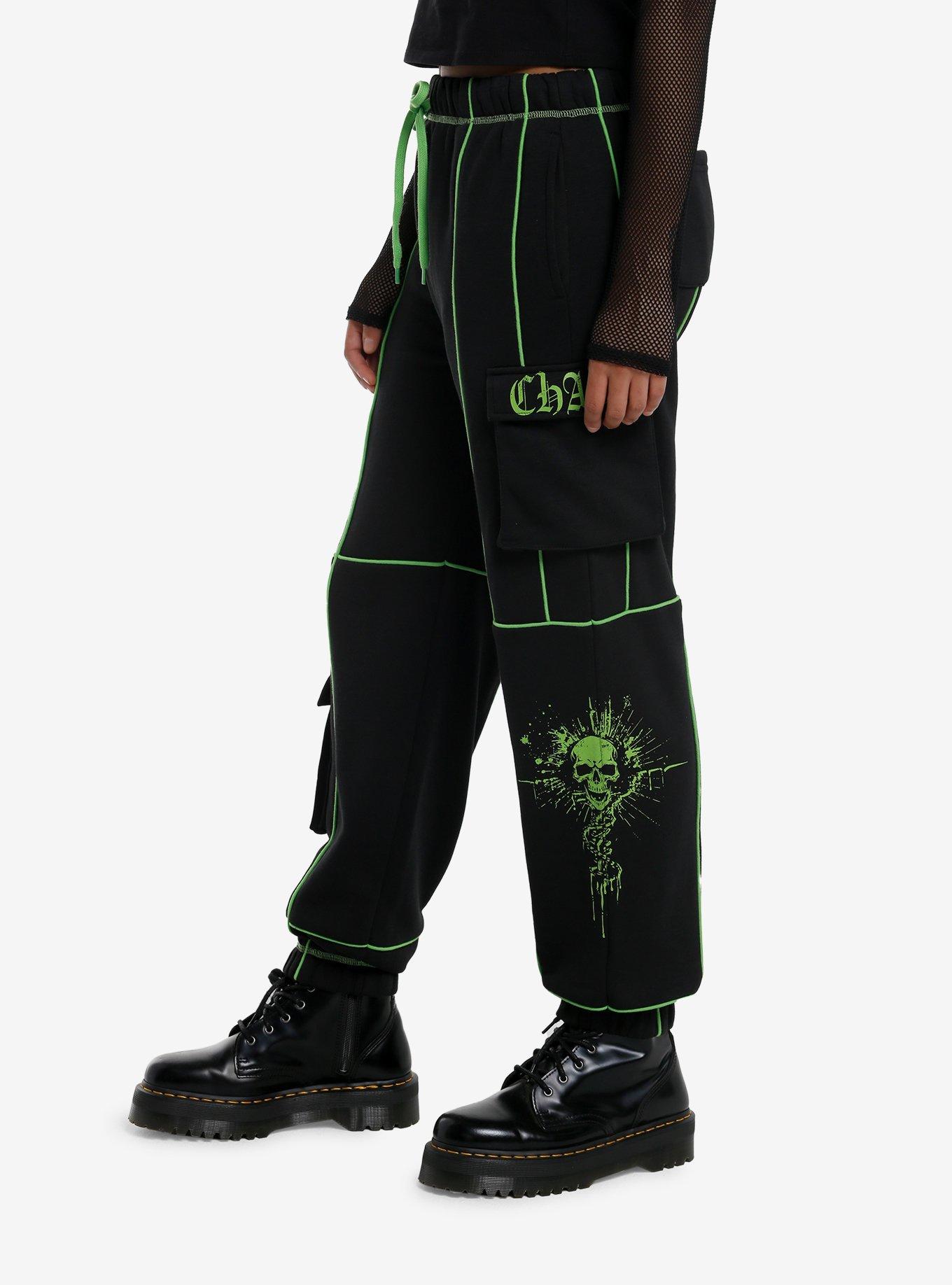 Black & Green Skull Cargo Girls Jogger Sweatpants, BLACK, alternate
