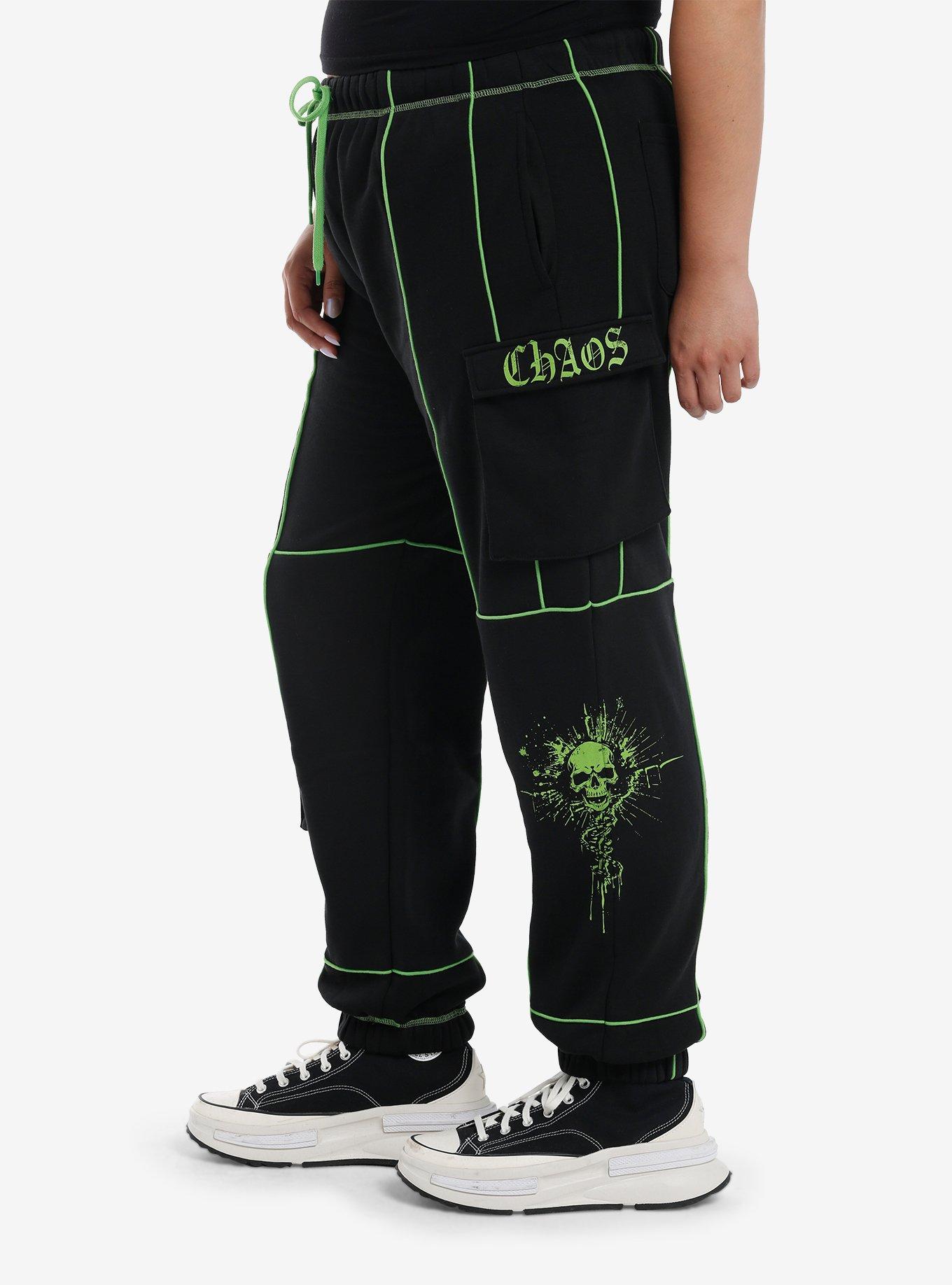 Black & Green Skull Cargo Girls Jogger Sweatpants Plus Size, BLACK, alternate