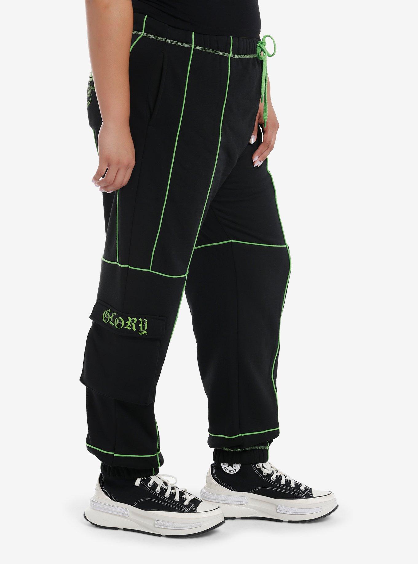 Black & Green Skull Cargo Girls Jogger Sweatpants Plus Size, BLACK, alternate