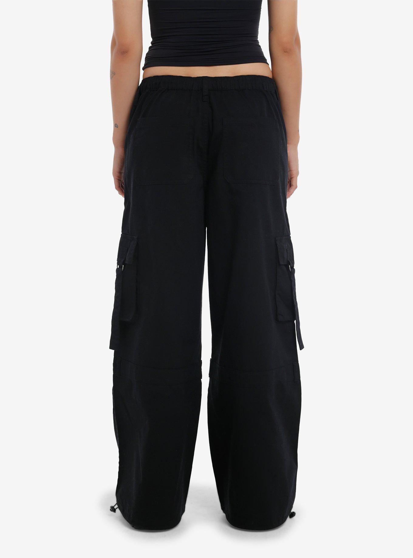 Black Grommet Strap Zipper Cargo Wide Leg Pants, , hi-res