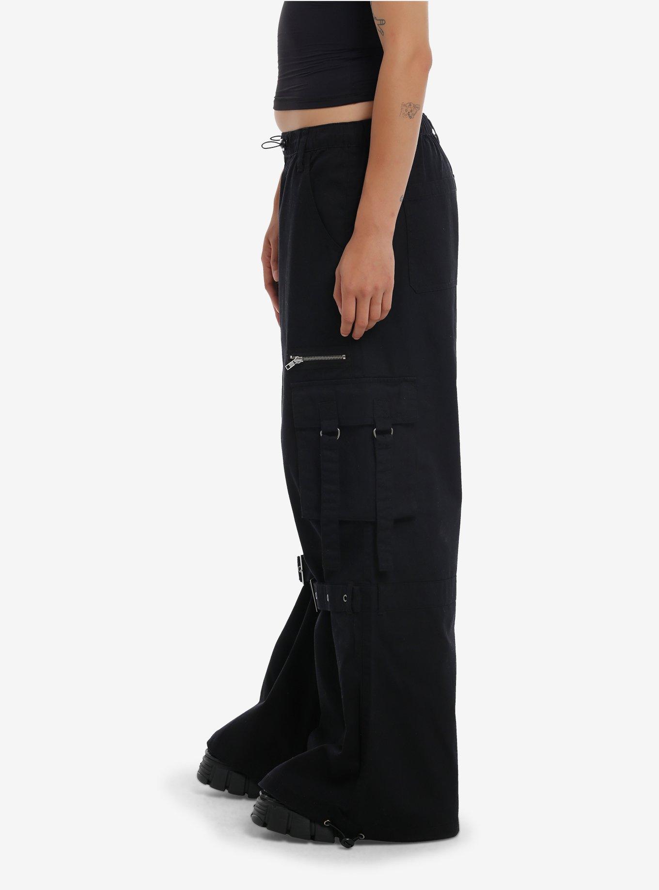 Black Grommet Strap Zipper Cargo Wide Leg Pants, BLACK, alternate