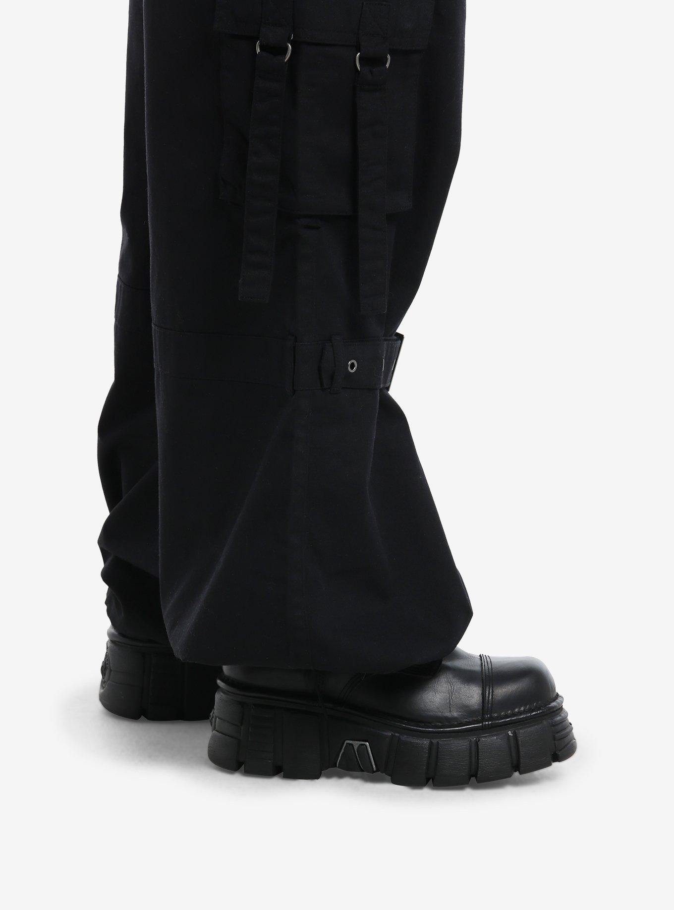 Black Grommet Strap Zipper Cargo Wide Leg Pants, BLACK, alternate